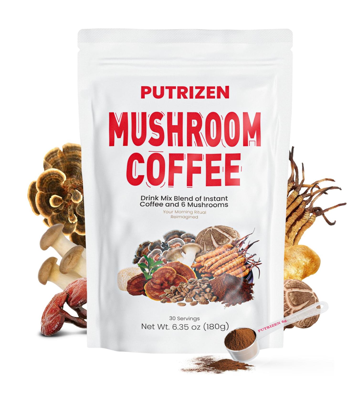 PUTRIZEN Mushroom Coffee with 6 Adaptogenic Mushrooms & MCT Oil - Instant Mushroom Coffee Powder with 2500mg of Mushrooms for Focus Energy Digestion Gut Health Immunity & Sleep 30 Servings - Buy Online on GoSupps.com