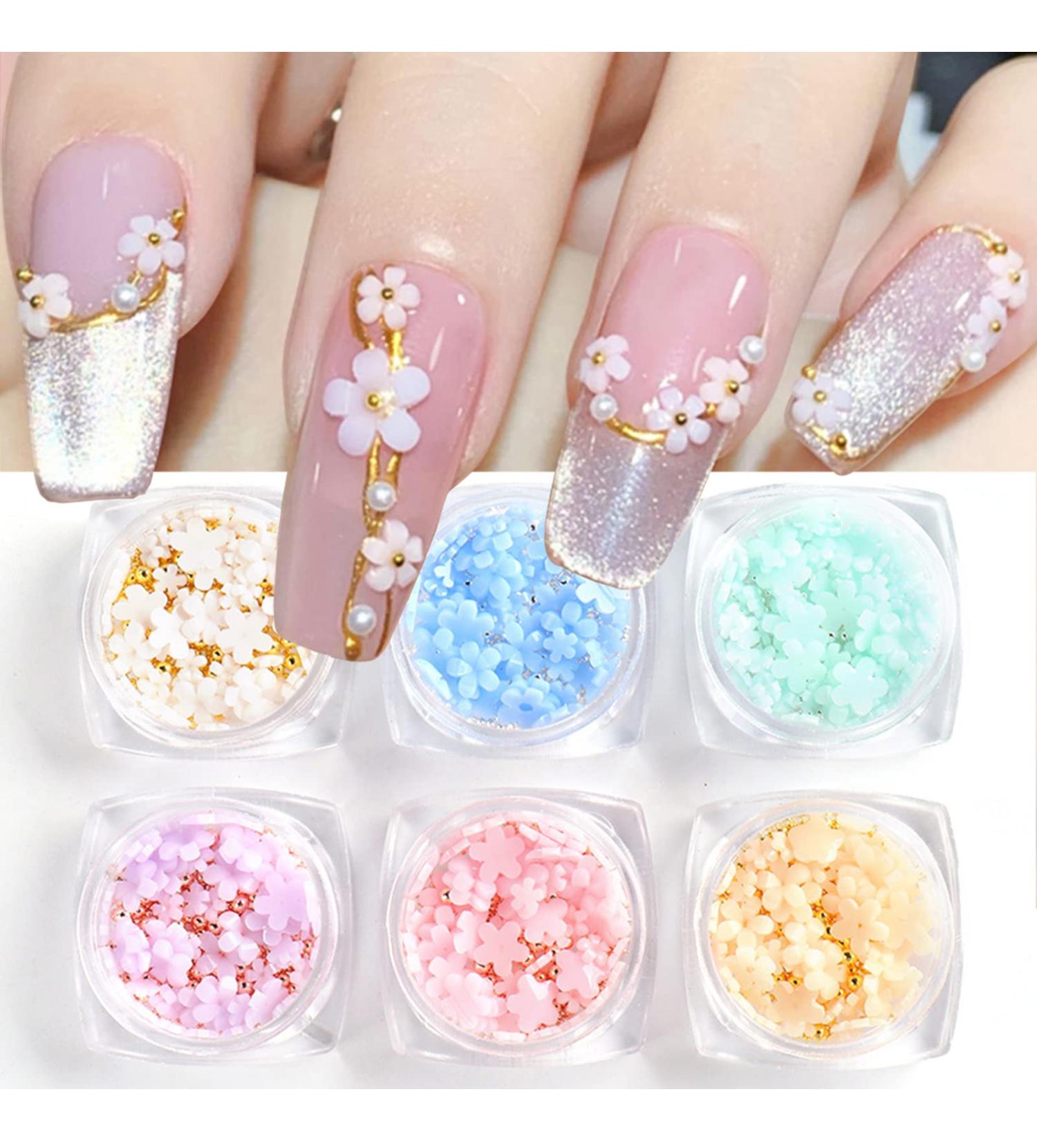 6 Boxes 3D Flower Nail Art Charms with Light Change Decals - Acrylic Nail Accessories with Pearl Golden Caviar Beads Glitter Stud Design - DIY Decoration Tips for Women - Buy Online on GoSupps.com