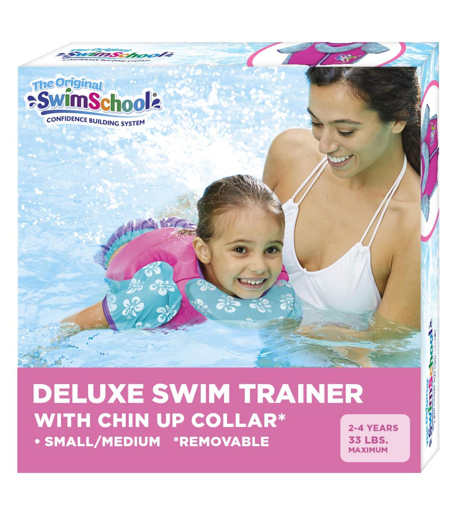 SwimSchool Swim Trainer Vest | Easy On & Off Kids Swimming Vest | Sizes S/M Up to 33lbs & M/L Up to 50lbs | Blue, Orange, Pink, Seafoam | S/M Trainer Vest with Sleeves Pink/Aqua - Buy Online on GoSupps.com