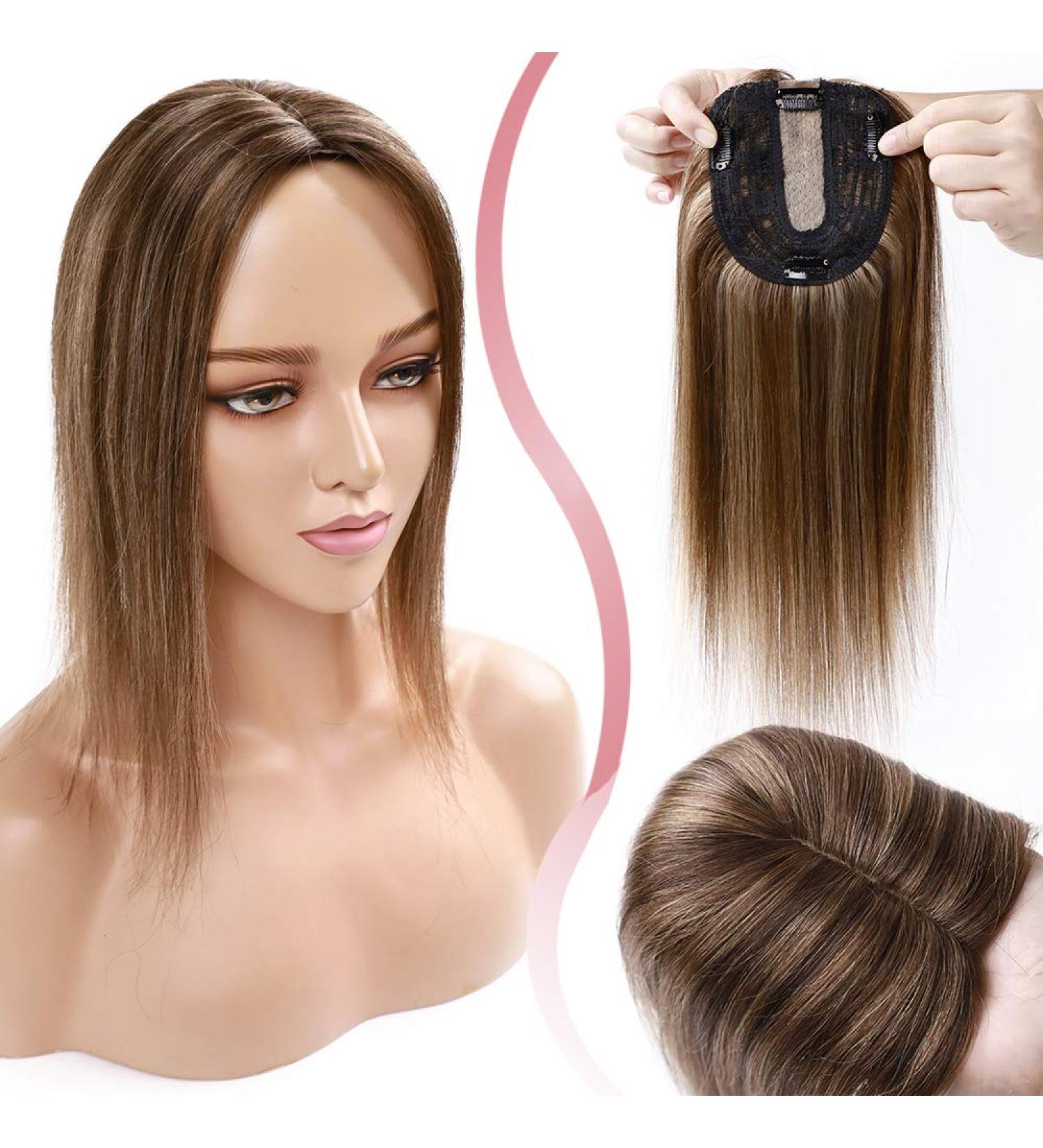 Elailite Real Hair Topper Clip-In Extensions - 45cm Silk Base 130% Dense Remy Hair #4/27 Medium Brown & Dark Blonde - Buy Online on GoSupps.com
