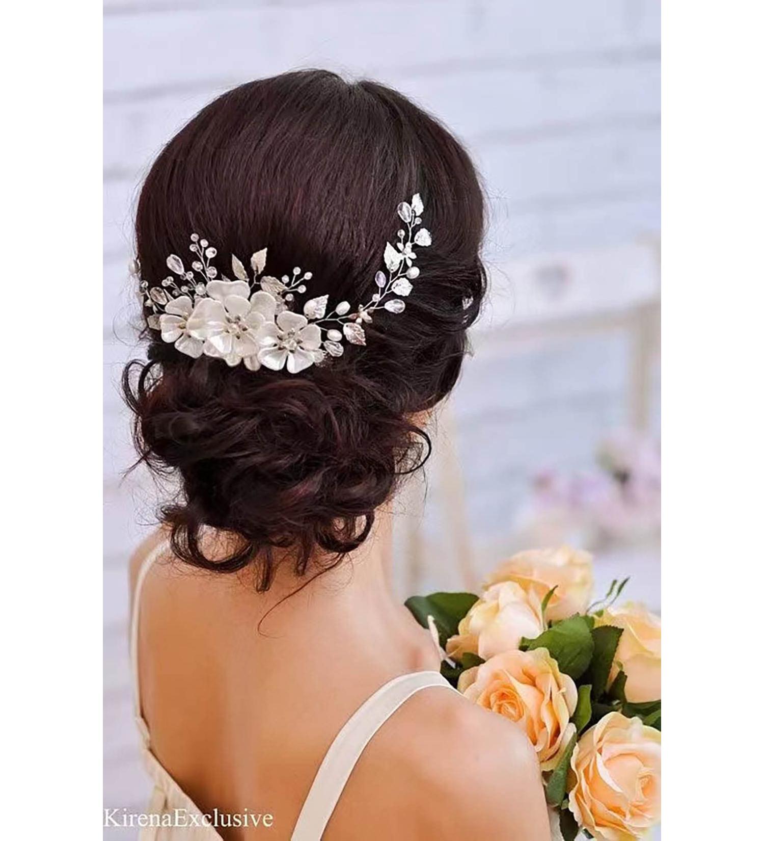 JUSTUSNX Bride Wedding Hair Pieces Pearl Hair Vines Silver Crystal Headpiece Flower Headband for Women and Girls Hair Styling Accessories - Buy Online on GoSupps.com