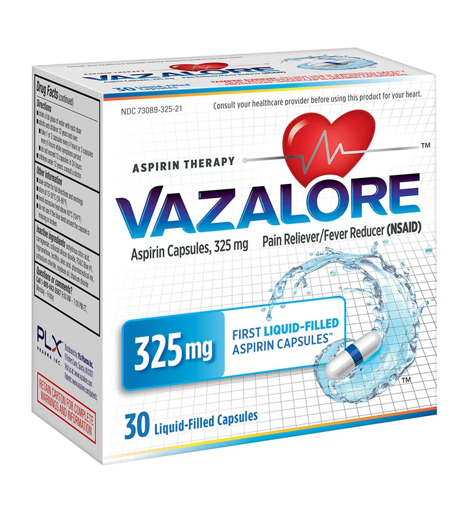 VAZALORE Aspirin 325mg | Fast Pain Relief & Fever Reducer | 30 Immediate Release Capsules for Adults | Stomach Protection - Buy Online on GoSupps.com