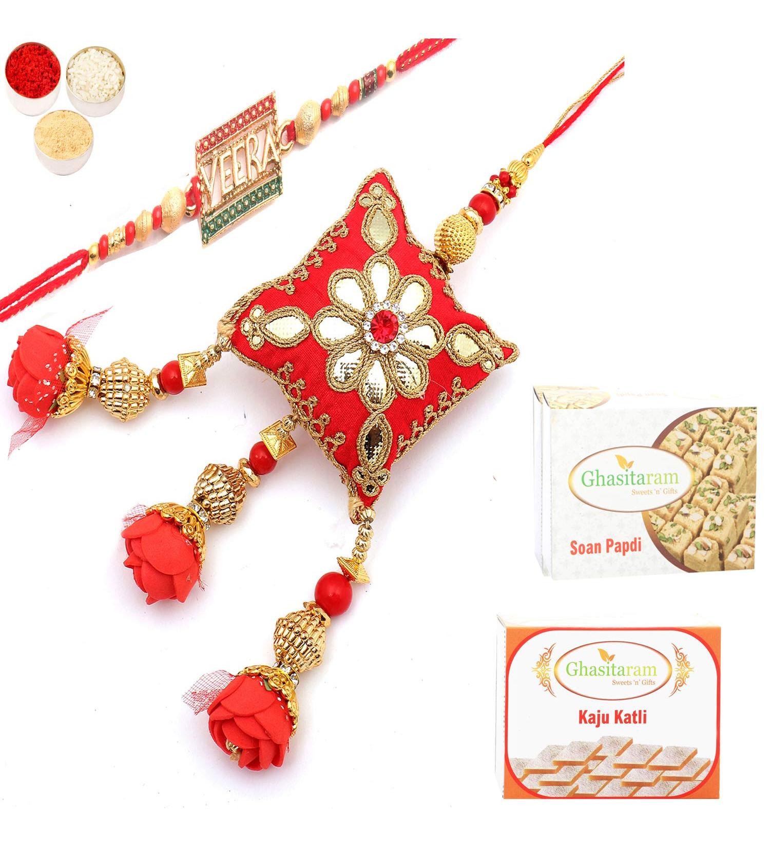 Ghasitaram Gifts Rakhis Online- Roses of Galore Bhaiya Bhabhi Rakhi with 200 GMS of Kaju katli and 200 GMS of Soan Papdi - Buy Online on GoSupps.com