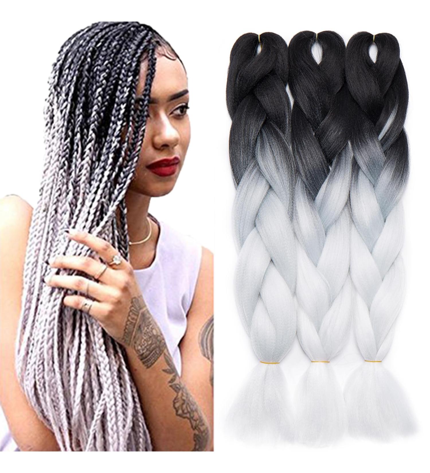 Tess Braids Extensions 60 cm - 3 Pack Jumbo Kanecalon Ombre Hair Braids #26 White/Black for Box Braids - 100g/bundle - Buy Online on GoSupps.com