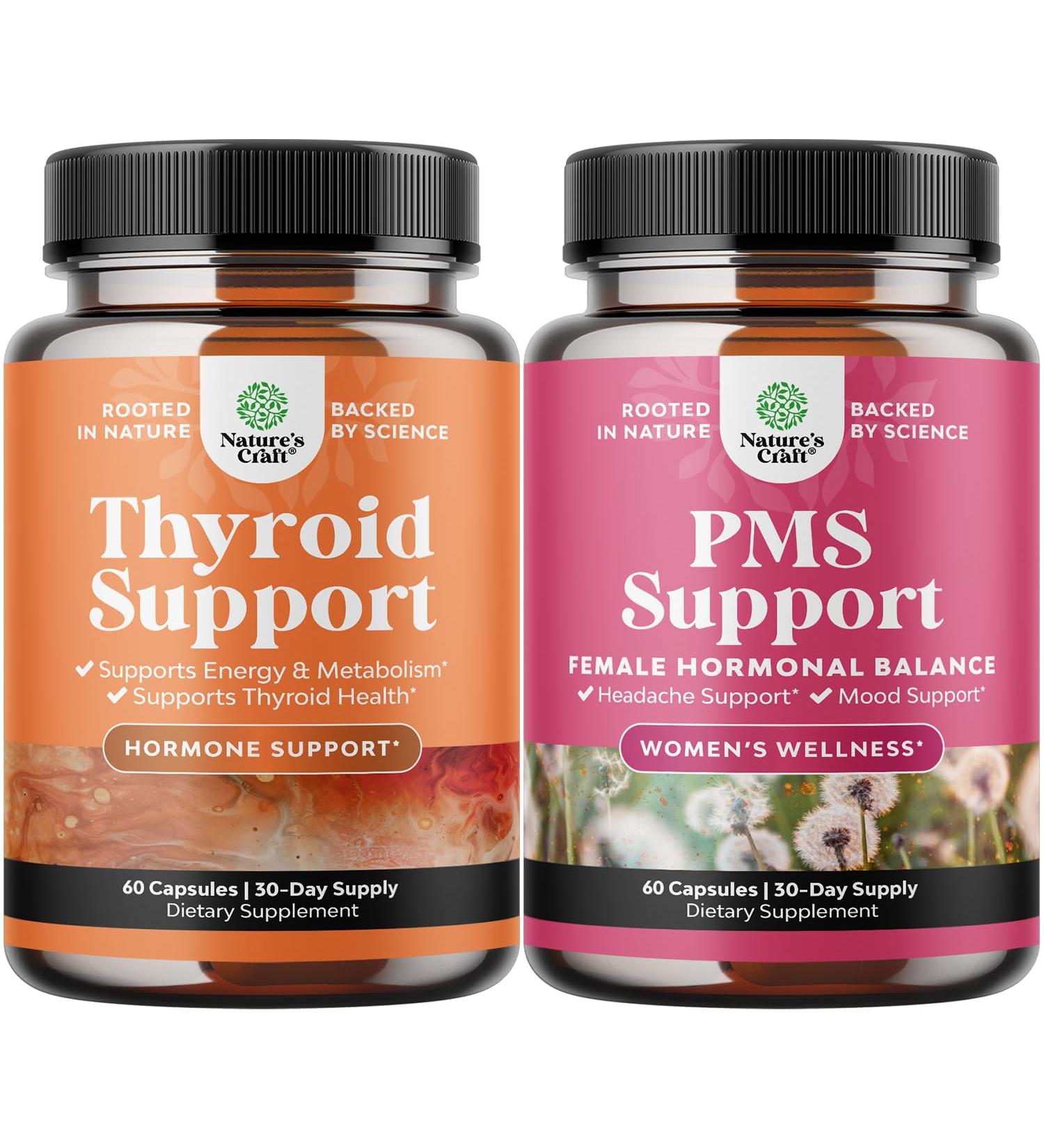 Bundle of Herbal Thyroid Support Complex and Herbal PMS Support Supplement for Women - Mood Enhancer Energy Supplement for Thyroid Health - Feminine Balance Complex with PMS Vitamins for Women - Buy Online on GoSupps.com