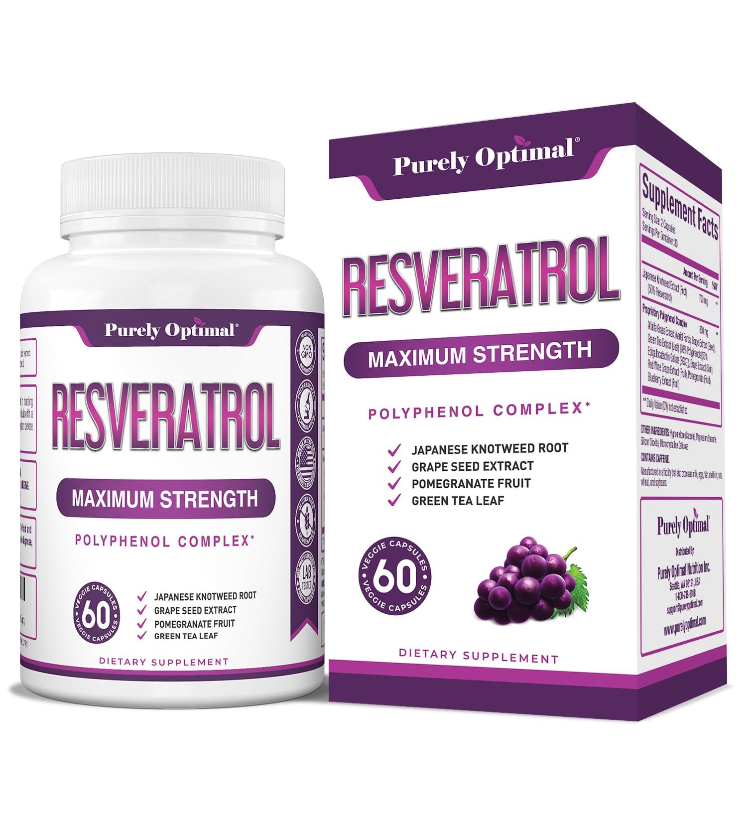 Purely Optimal Resveratrol Supplement 1500mg Trans-Resveratrol from Japanese Knotweed Polyphenol Complex Supports Graceful Aging Vitality Cognitive & Skin Health 60 Vegan Capsules - Buy Online on GoSupps.com