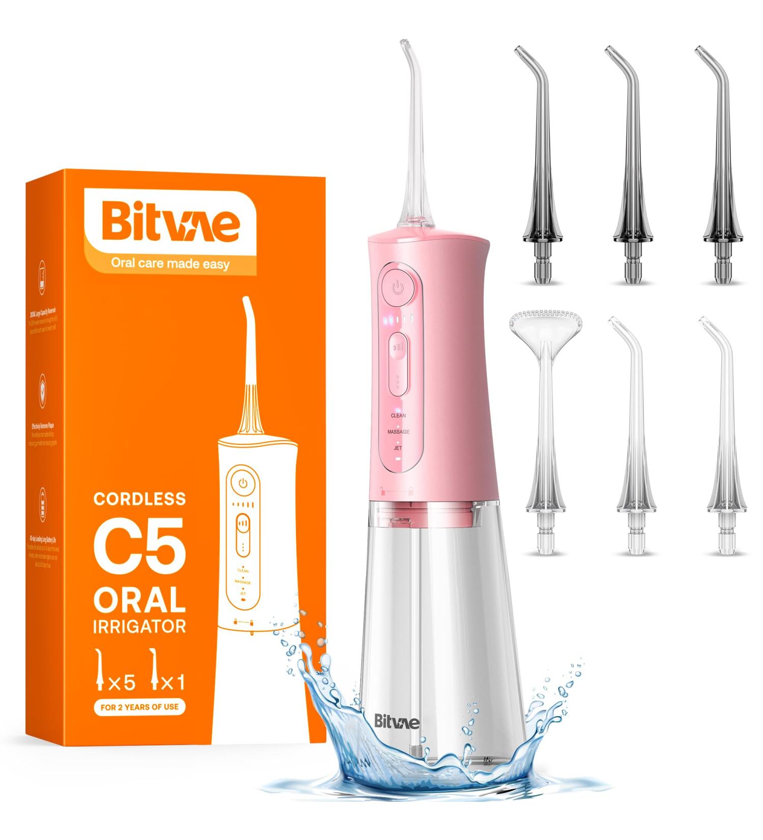Mouth Shower Wireless - Bitvae Electric Tooth Cleaner | 3 Modes 5 Intensities 6 Jet Tips | Portable Oral Shower for Deep Cleaning | Gentle Pink - Buy Online on GoSupps.com