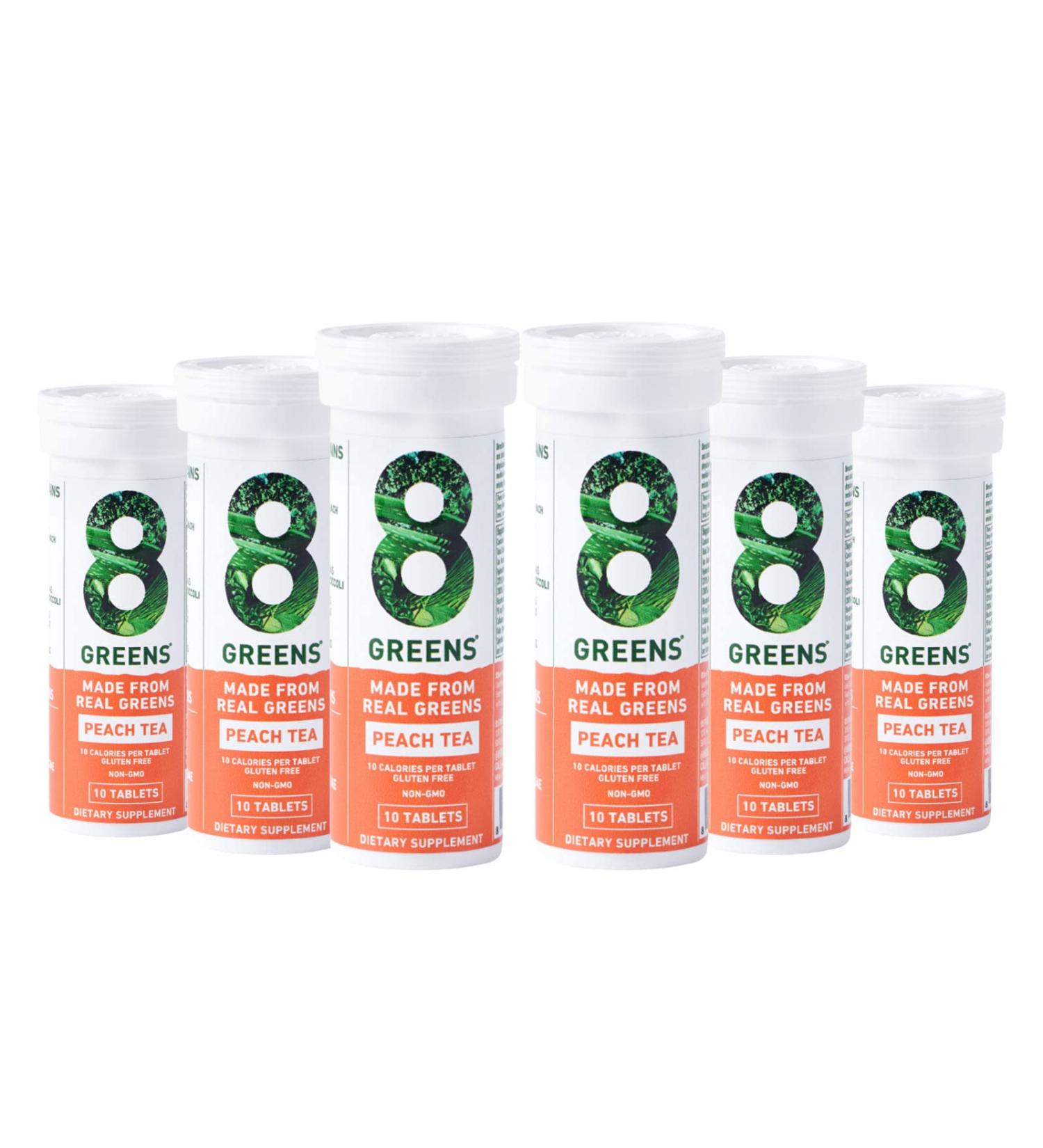 8Greens Peach Tea Effervescent Tablets - Superfood Greens Powder for Immune Support & Energy (6 Tubes, 60 Tablets) - Buy Online on GoSupps.com