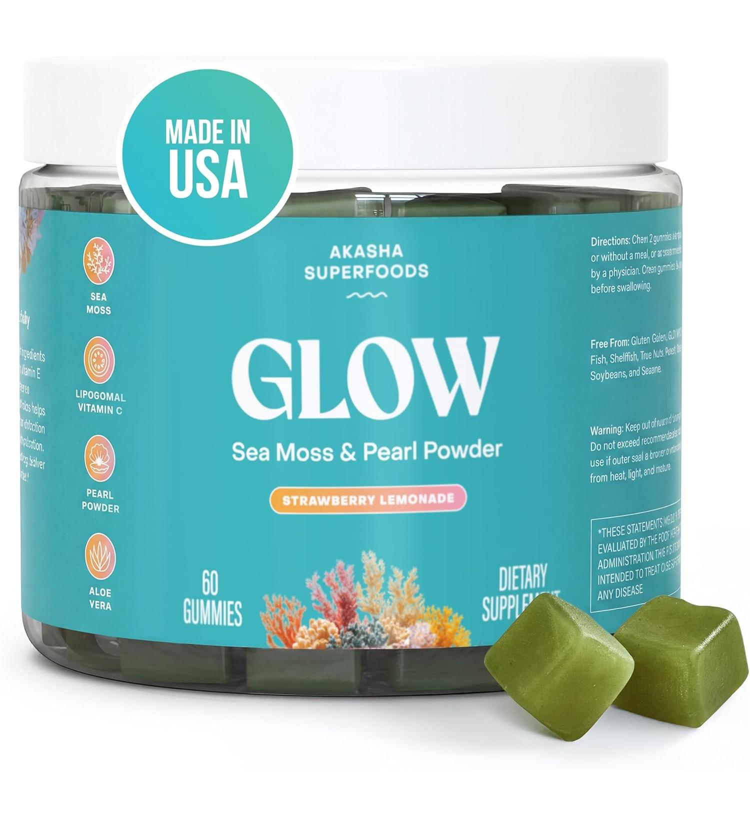 Akasha Superfoods Sea Moss Glow Gummies, Hair, Skin & Nails Vitamins with Seamoss, Pearl Powder, Vitamin E, Aloe Vera, Liposomal Vitamin C, and Irish Sea Moss, Gummies for Women & Men, 60 Count - Buy Online on GoSupps.com