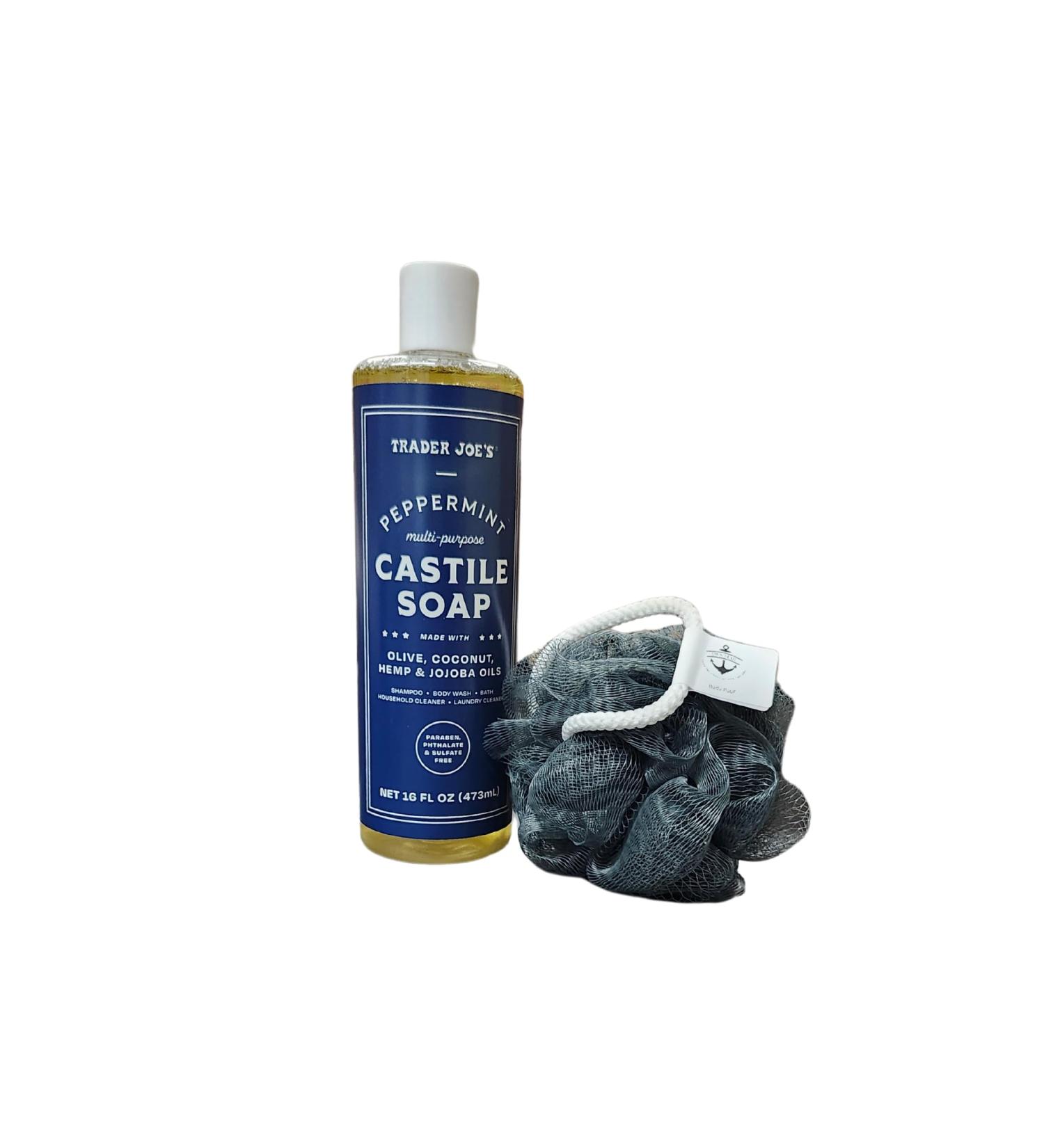 Trader Joe's Peppermint Multi-Purpose Castile Soap Net Wt. 16 fl oz includes Body Poof