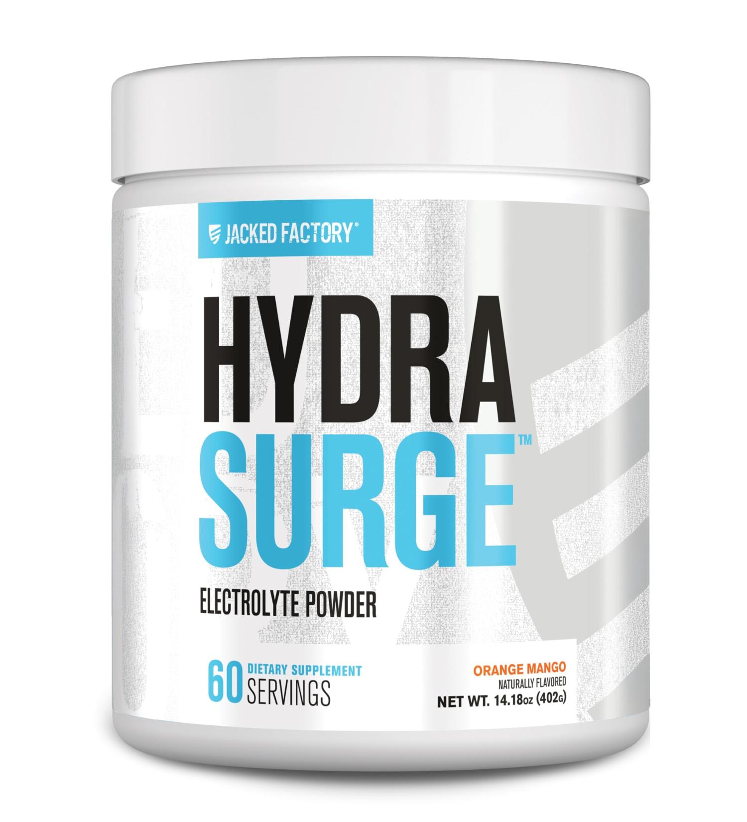 Jacked Factory HYDRASURGE Electrolyte Powder - Hydration Supplement with Key Minerals Himalayan Sea Salt Coconut Water - Keto Friendly Sugar Free Naturally Sweetened - 60 Servings Orange Mango - Buy Online on GoSupps.com