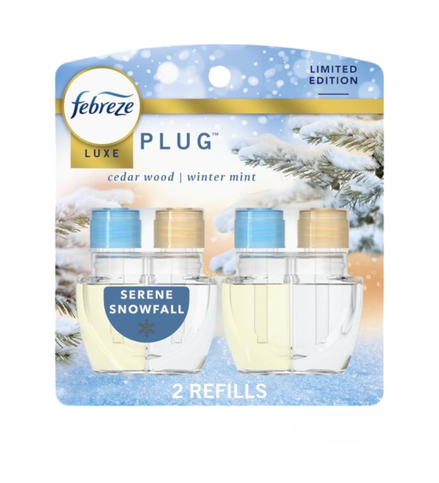 Febrez Odor-Fighting Fade Defy Plug in Air Freshener Refills Fall Scents Winter Luxe Limited Edition - (2) of 0.87 fl oz Refills (Serene Snowfall)