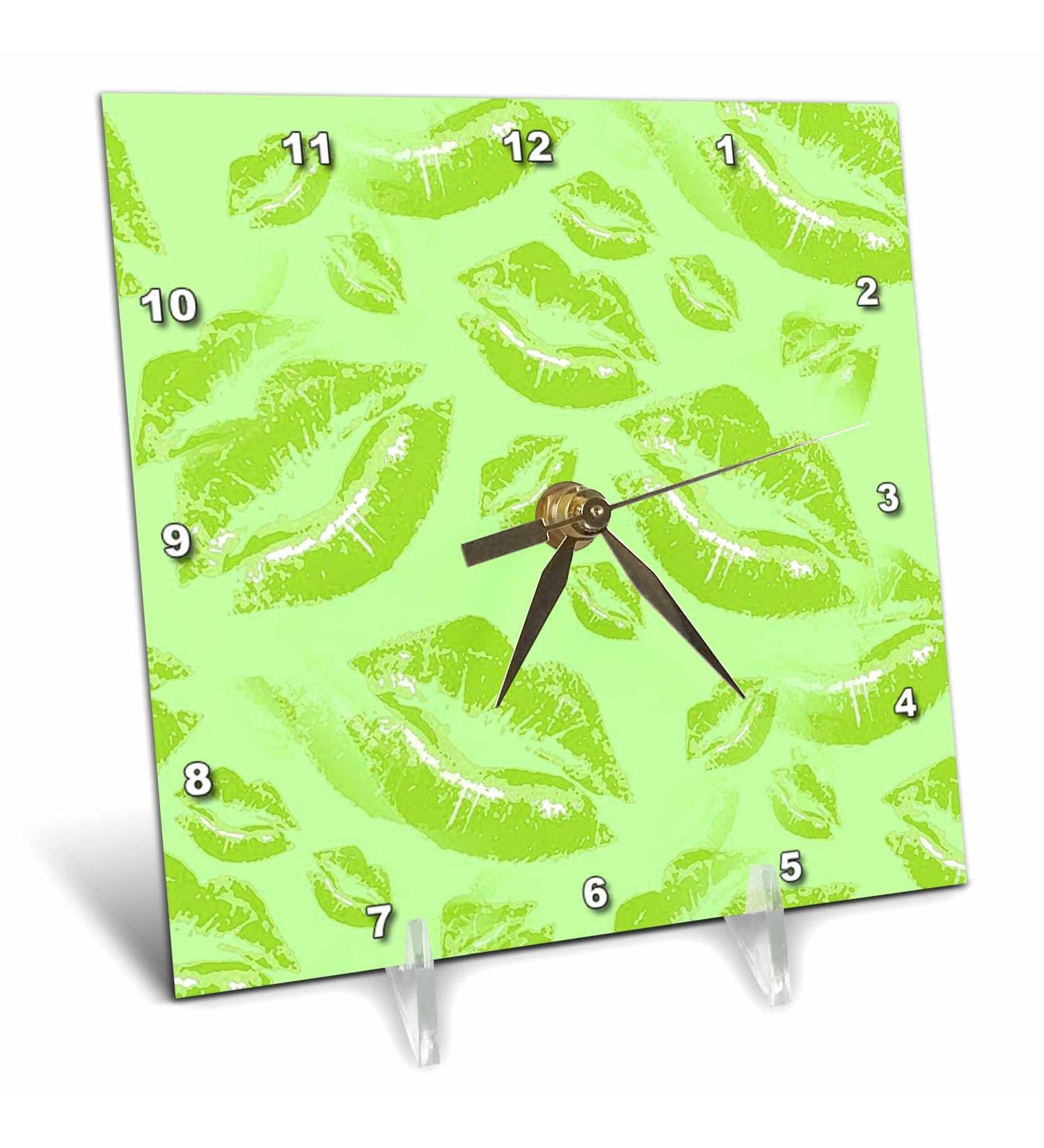 3dRose 6x6 Desk Clock - Two Kisses Collided Lip Smacking Lime Colored Lips Pattern Pattern - Lipstick Kisses