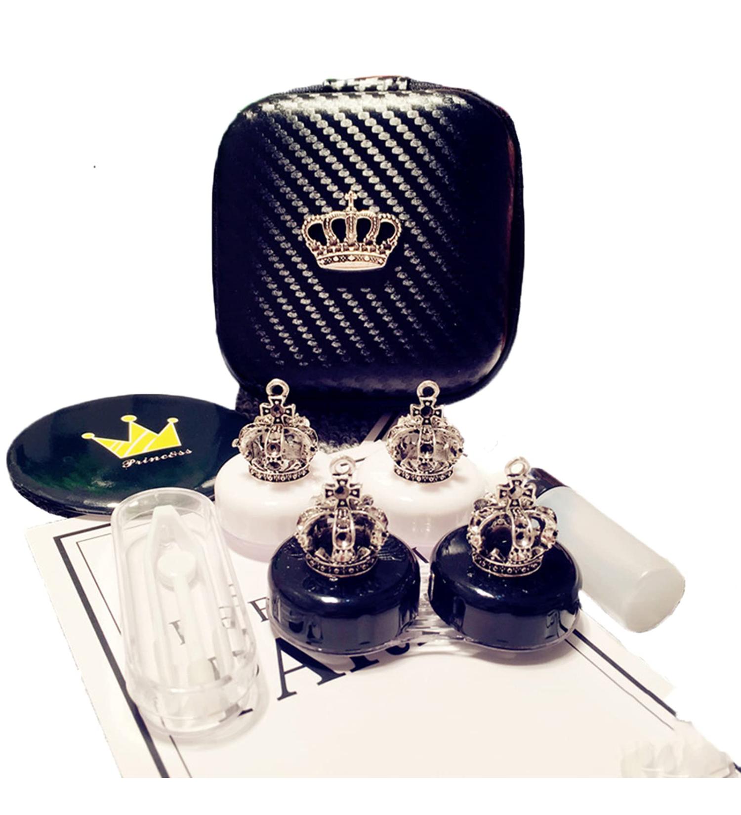 Fashion Contact Lens Case 2 Pack - Cute Crown Black White Portable Box with Mirror - Buy Online on GoSupps.com