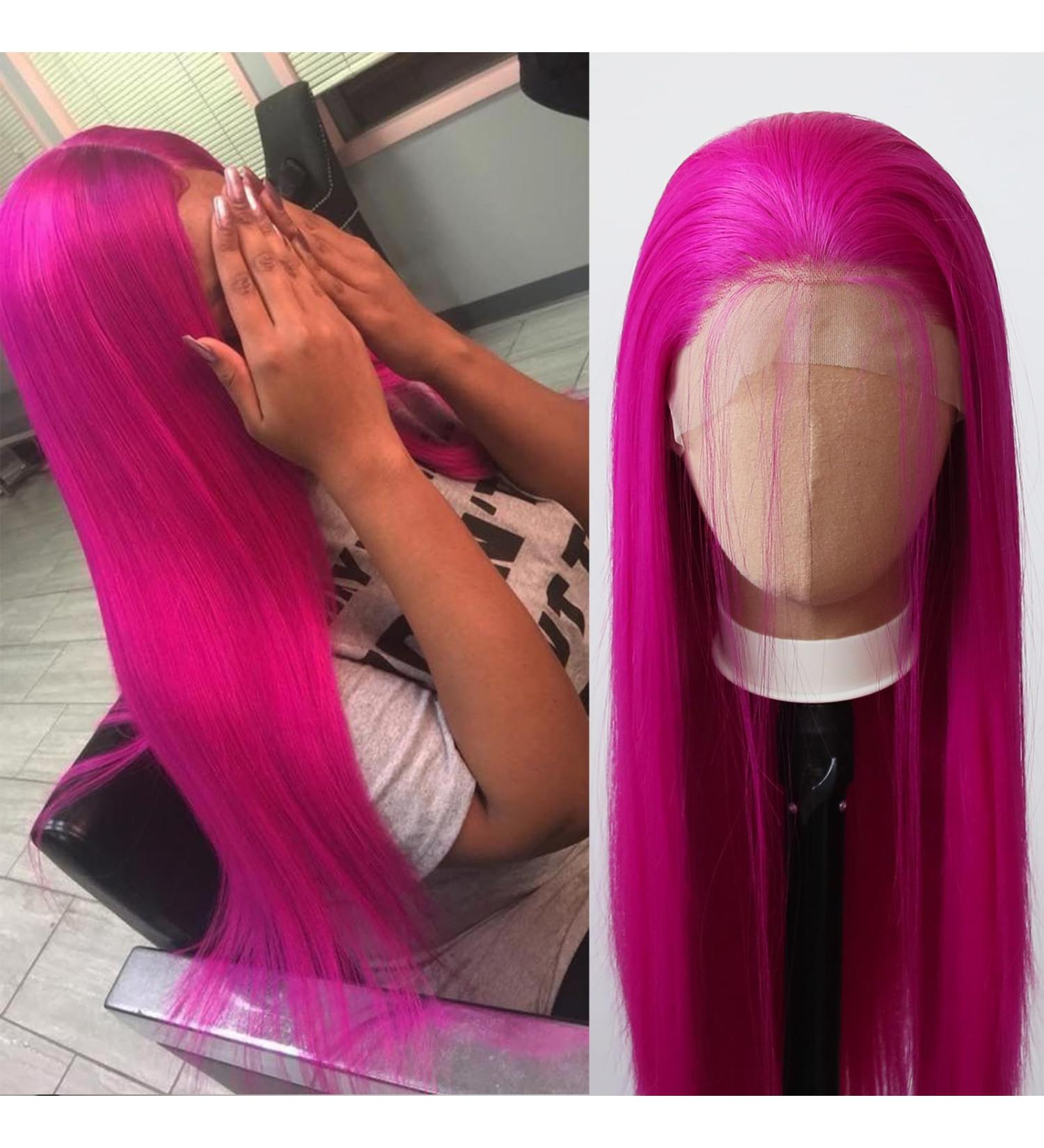 Tawarm Long Smooth Rose Red Lace Front Wig - Synthetic Glue-Free High Temperature Fiber for Women - Bright Pink Straight Daily Wear - Buy Online on GoSupps.com