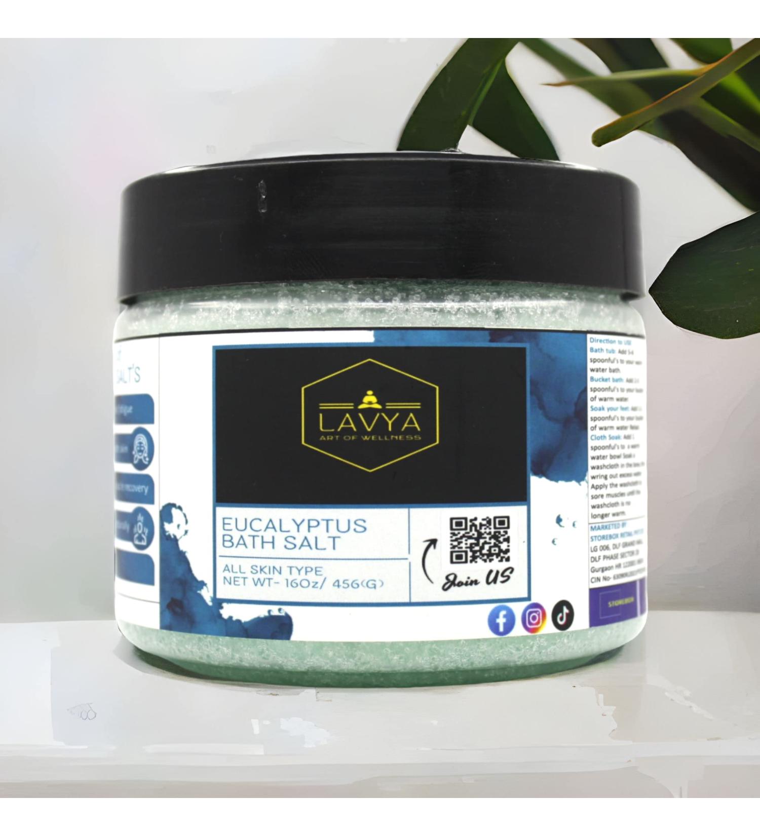 Lavya Luxury Eucalyptus Bath Salt for Body & Foot Spa - Muscle Recovery, Pain Relief, Stress Reduction - 16oz/456g (Blue-Green) - Buy Online on GoSupps.com