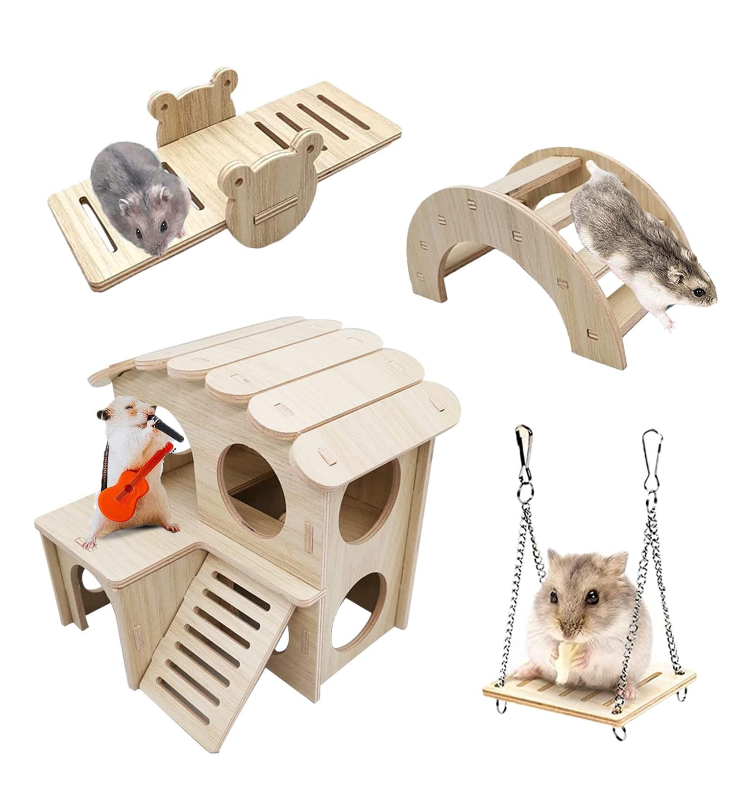Eyksta 4 Pieces Hamster Toys Including Wooden Hamster House Seesaw Bridge and Swing Boredom Breaker Activity Toys for Gerbil Guinea pig Syrian Hamster Dwarf Hamster - Buy Online on GoSupps.com