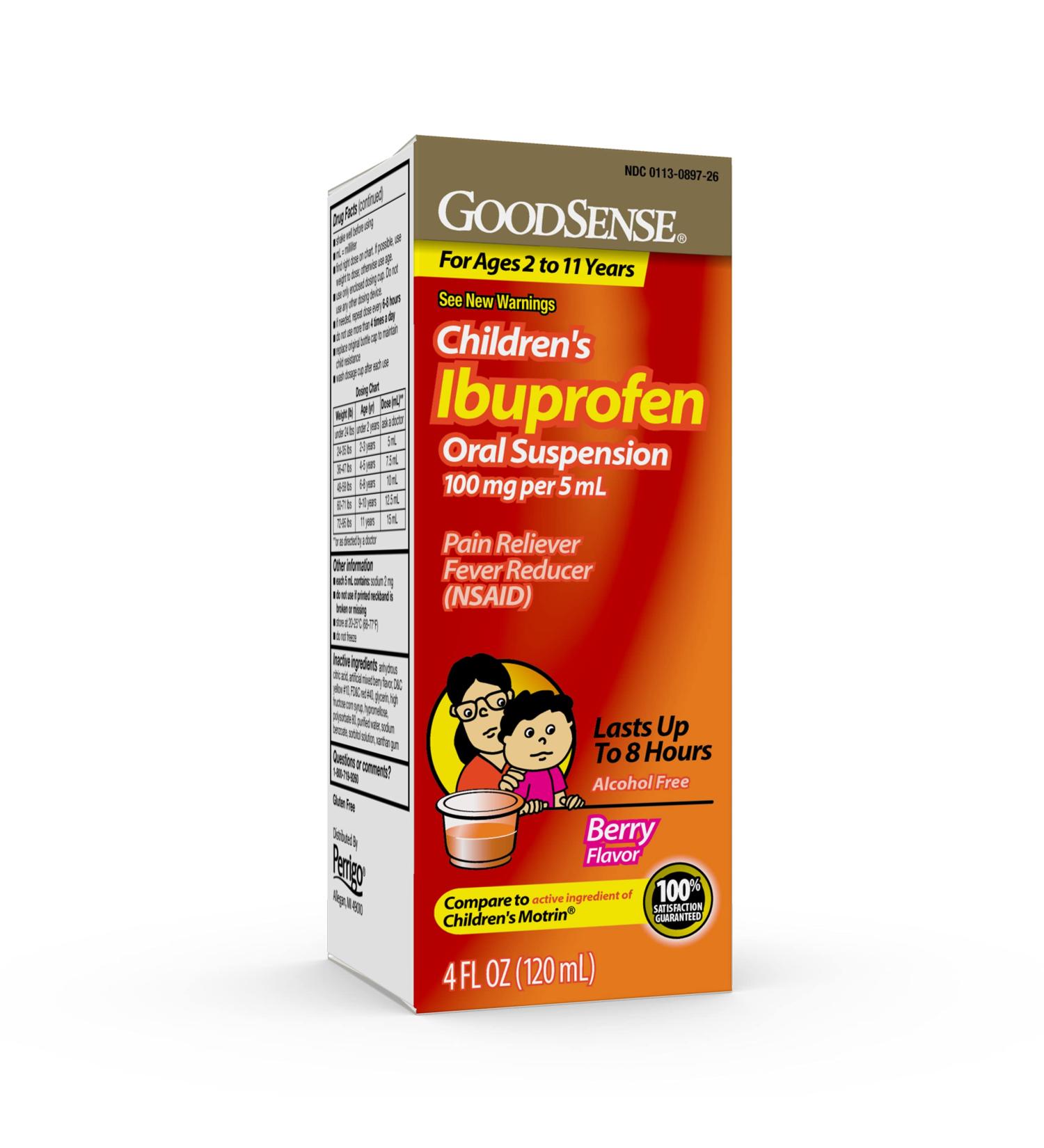 GoodSense Children's Ibuprofen Oral Suspension - 100 mg/5 mL Pain Reliever & Fever Reducer in Berry Flavor - 4 Ounces - International Shipping Available - Buy Online on GoSupps.com