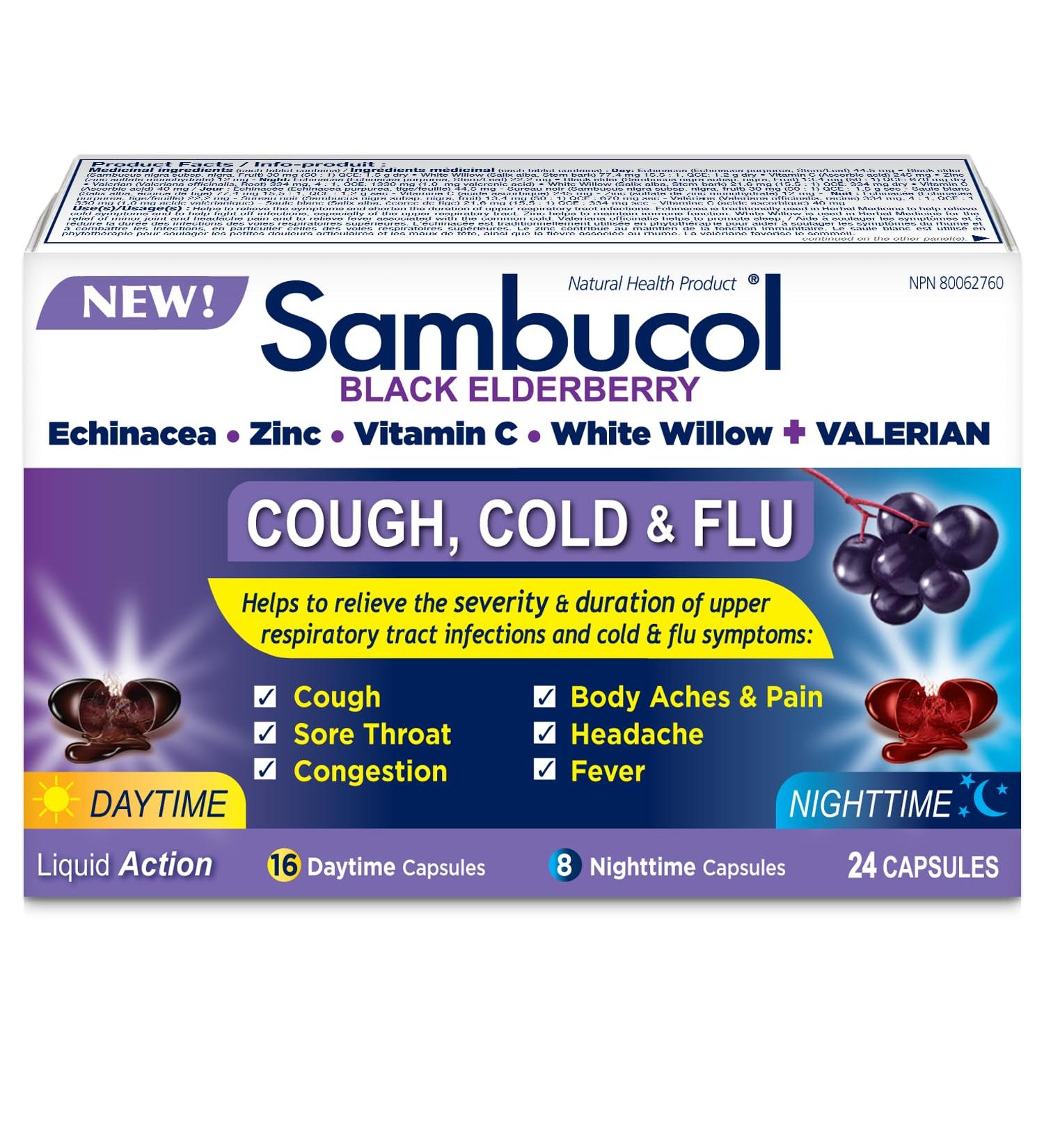 Sambucol Black Elderberry Cough Cold and Flu Day/Night| Helps Relieve Congestion Fever Sore Throat & Head Pain | Black Elderberry White Willow| 24 Hard Capsules (18 Day/6 Night) - Buy Online on GoSupps.com