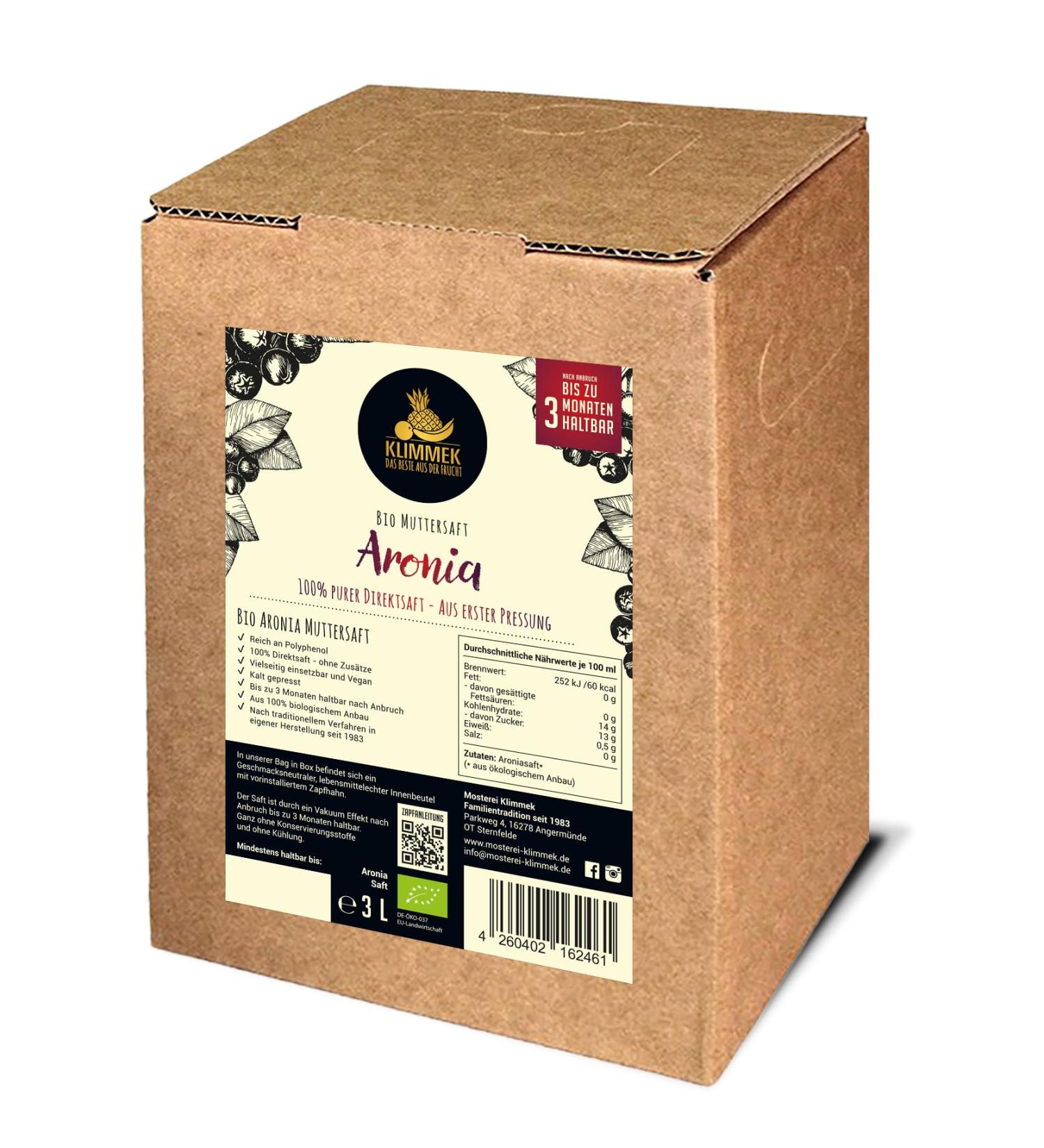 Klimmek Premium ORGANIC Aronia Juice - 100% ORGANIC Direct Juice Antioxidant & Deep 3 Liter Bag in Box