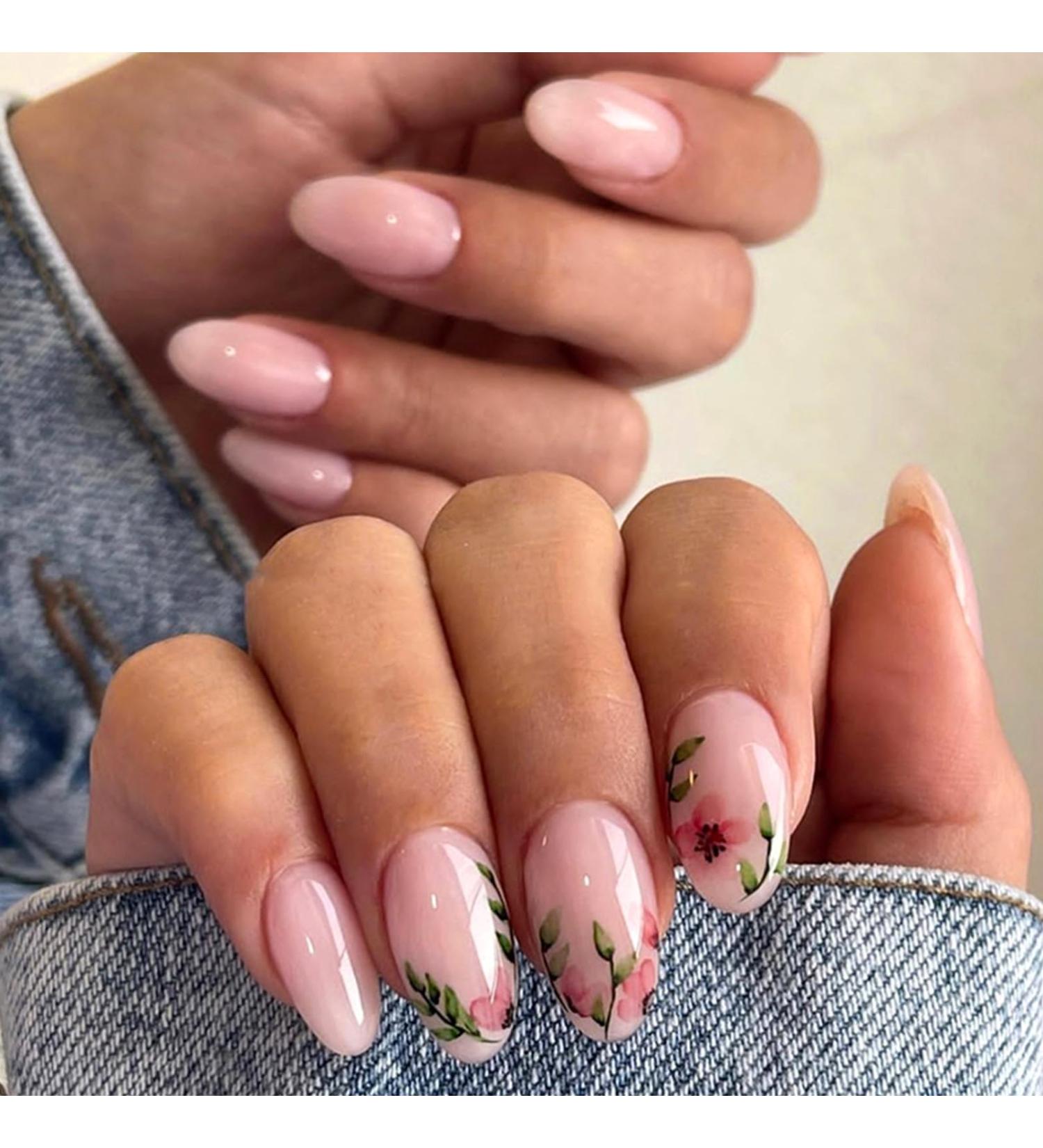 24Pcs Almond Flower Press on Nails - Short French Tip Fake Nails - Glossy Nude Pink False Nails with Vine Flower Design - Oval Acrylic - Full Cover Glue on Nails for Women and Girls - Buy Online on GoSupps.com