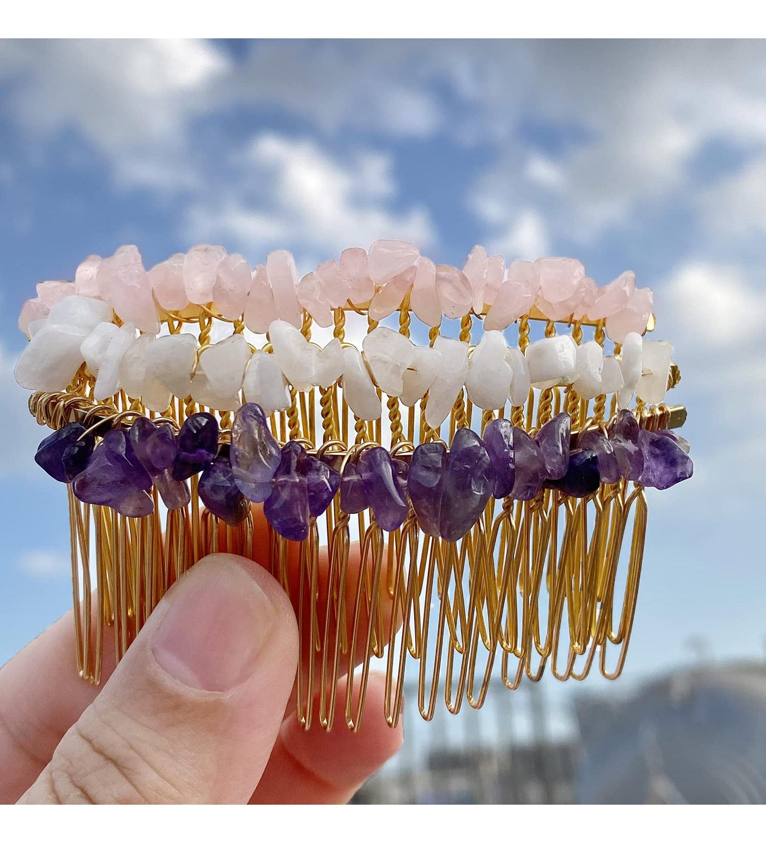 Handmade Rose Quartz, Amethyst, Moonstone Hair Comb Set - Crystal Hair Accessories for Women - Buy Online on GoSupps.com