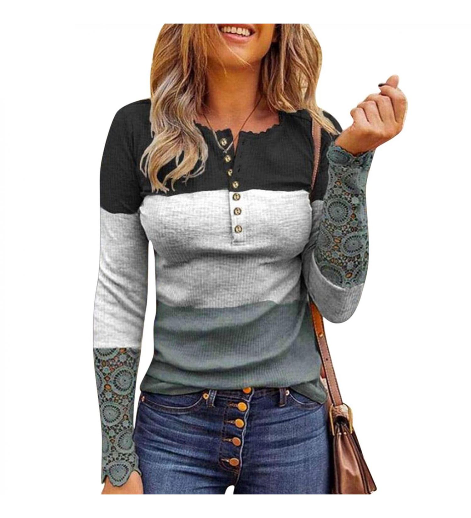 Fitted Ribbed Knit Henley Long Sleeve Tunic in Medium Grey - Women's Slim Fit Lace Top Blouse Tee - Buy Online on GoSupps.com