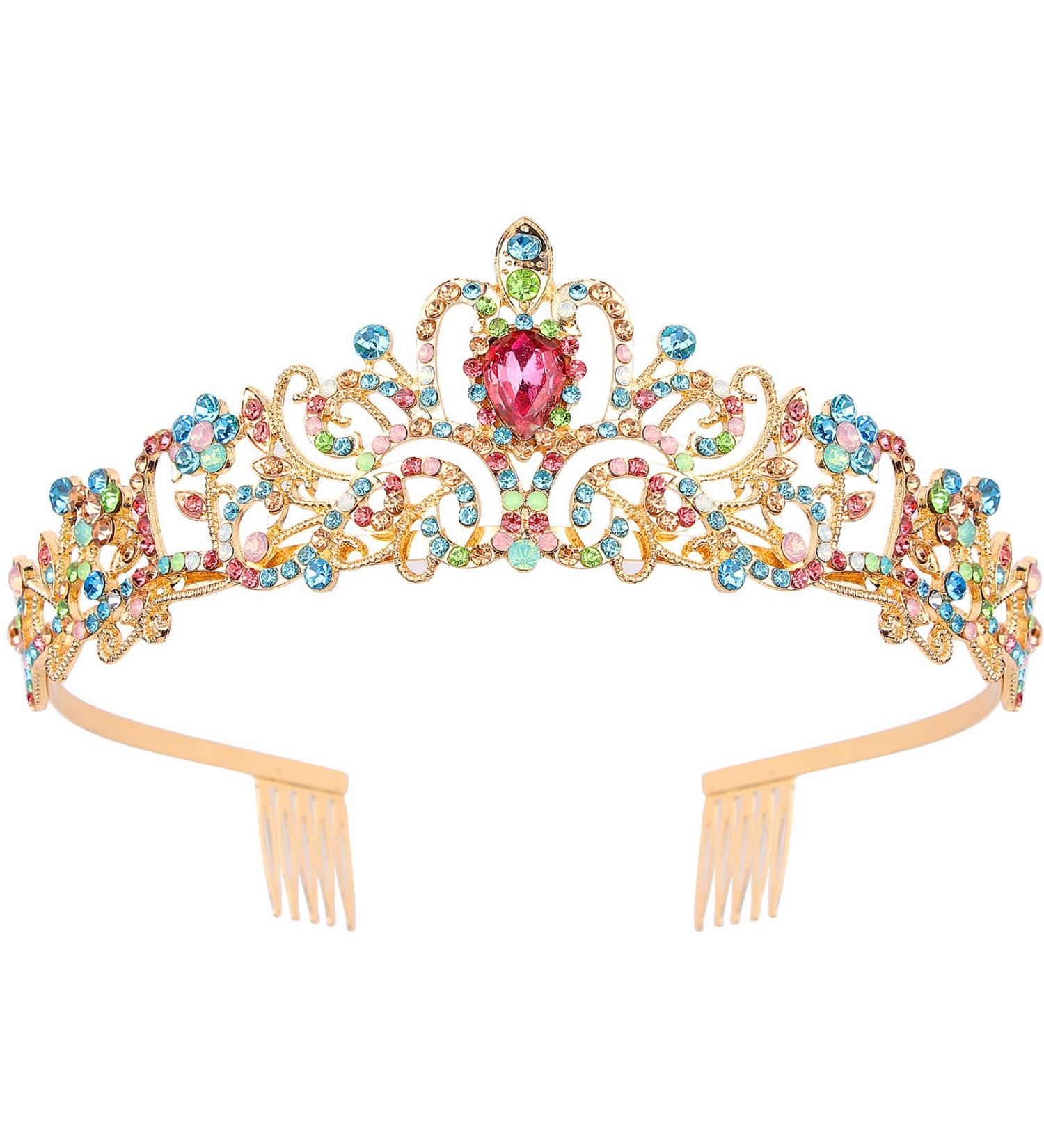 Araluky Gold Tiara & Crown for Women | Elegant Birthday & Wedding Decorations with Multicolor Crystals - Buy Online on GoSupps.com