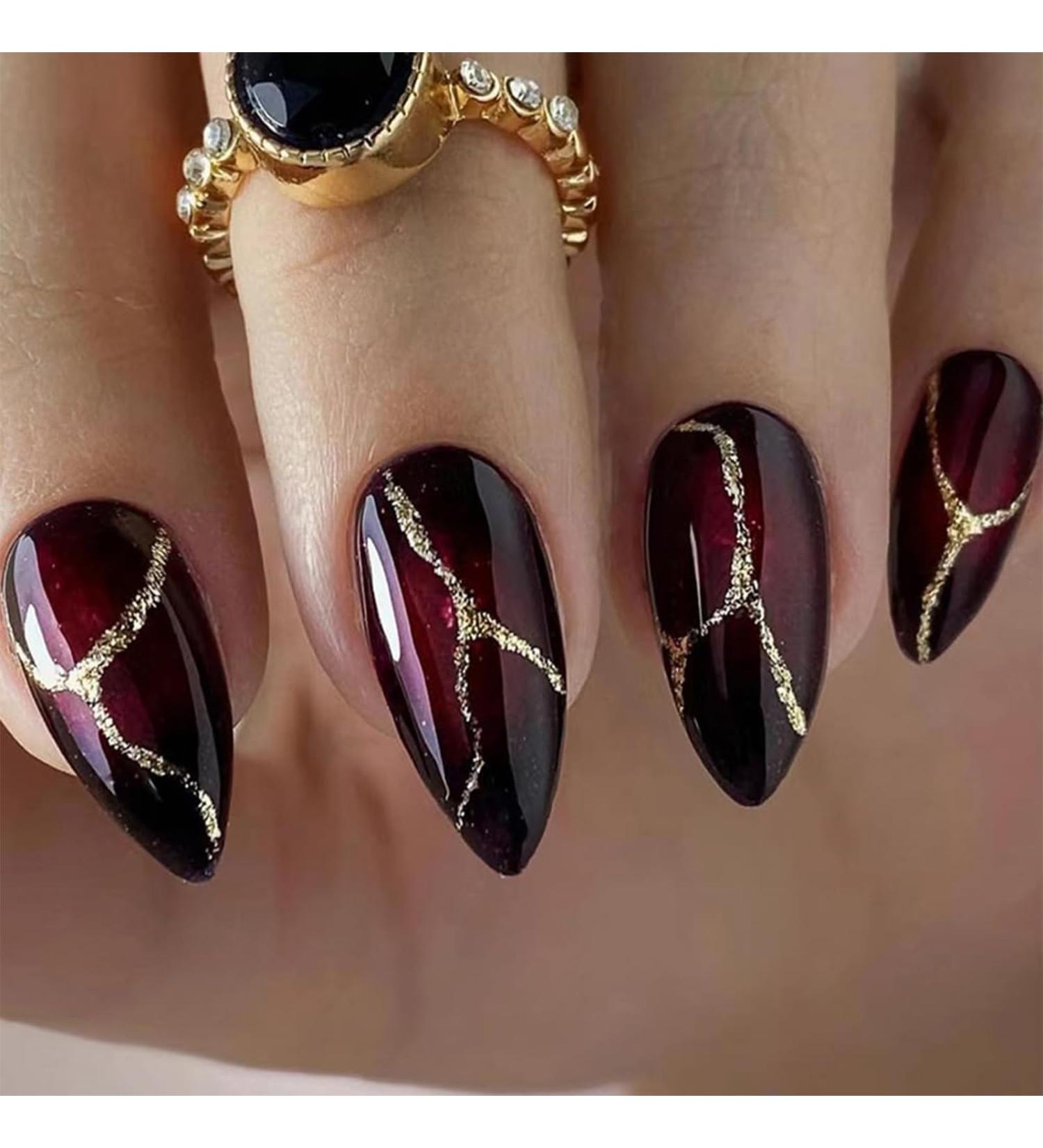 Shop Moguri Red Black Almond-Shaped Press On Nails | Elegant Artificial Nails with Golden Curved Line Design - Perfect for Weddings & Birthdays - Buy Online on GoSupps.com
