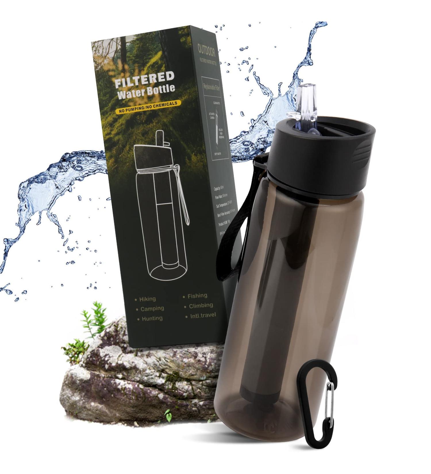Water Filter Bottle - Outdoor Filtration for Hiking & Camping | 1500L Capacity Removes 99.99% Bacteria & Germs (650ml Black) - Buy Online on GoSupps.com