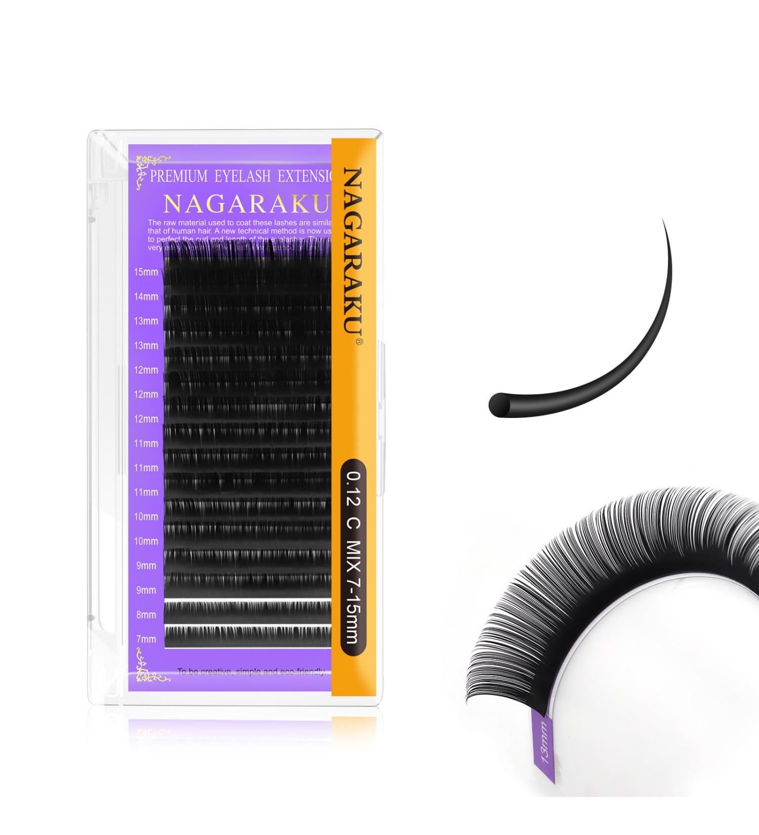 Nagaraku Individual Eyelash Extensions - Premium Permanent Volume - 16 Rows 0.12mm C Curl 7-15mm Mix - Matte Black - Buy Online on GoSupps.com