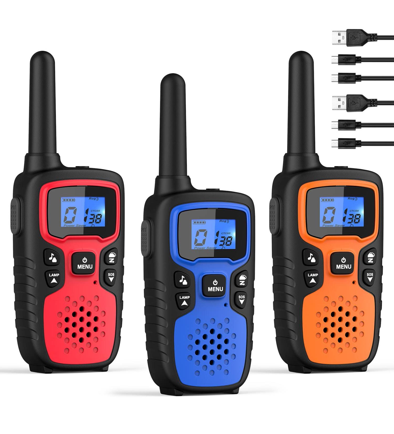 Wishouse Rechargeable Walkie Talkies for Adults - Long Range 2-Way Radios with Lamp, SOS Siren, NOAA Weather Alert - Ideal Hiking and Camping Gear - Easy to Use (3 Pack Red Blue Orange) - Buy Online on GoSupps.com