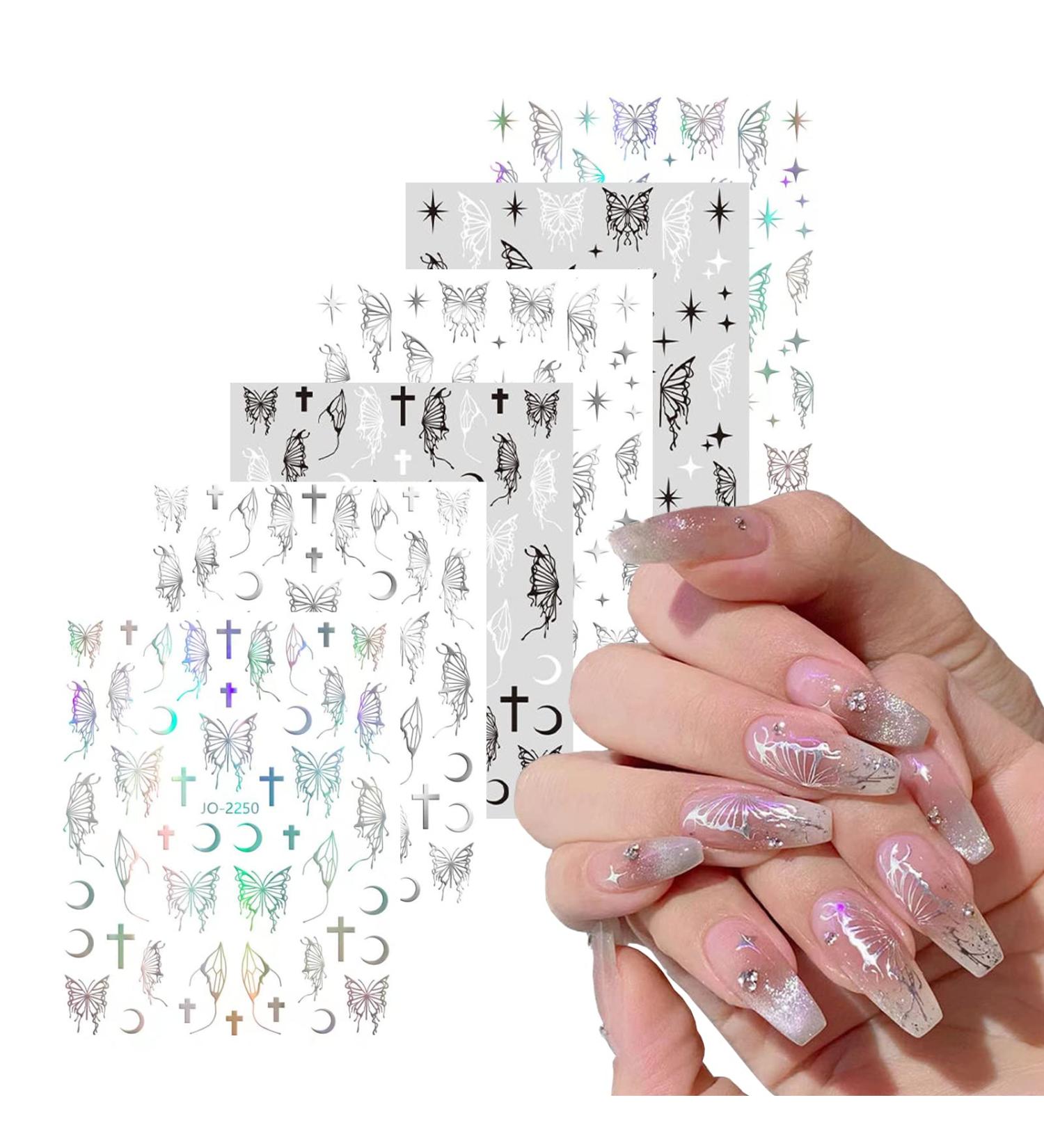 Eseres 3D Self-Adhesive Butterfly Nail Stickers - Metallic Laser Silver Black - DIY Nail Decals for Women - 6 Sheets - Buy Online on GoSupps.com