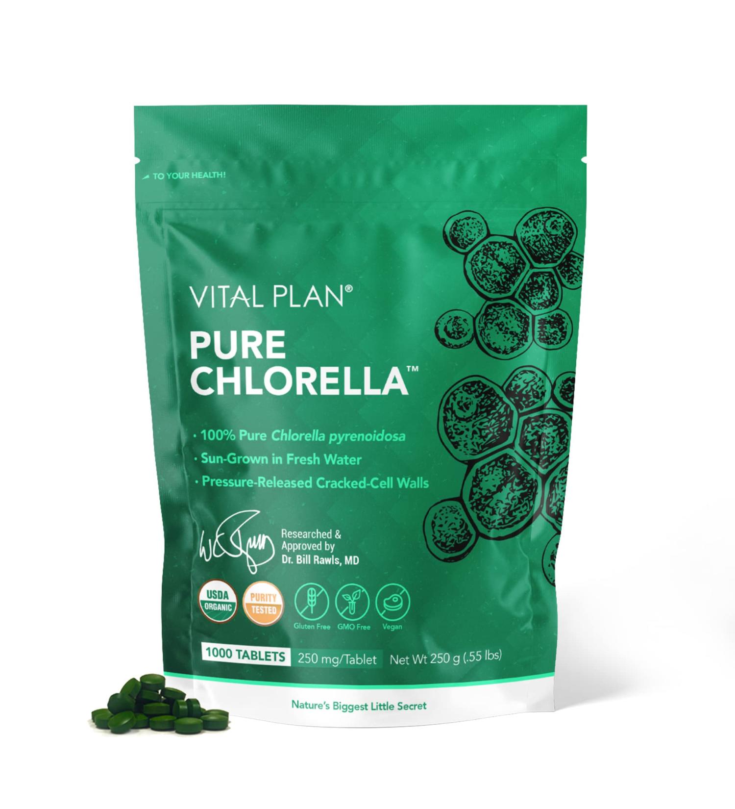 Vital Plan Pure Chlorella Tablets | Sun Grown Chlorella Pyrenoidosa Supplement by Dr. Bill Rawls | Organic Chlorella w Broken Cell Wall & Chlorophyll | 1000 Tabs - Buy Online on GoSupps.com