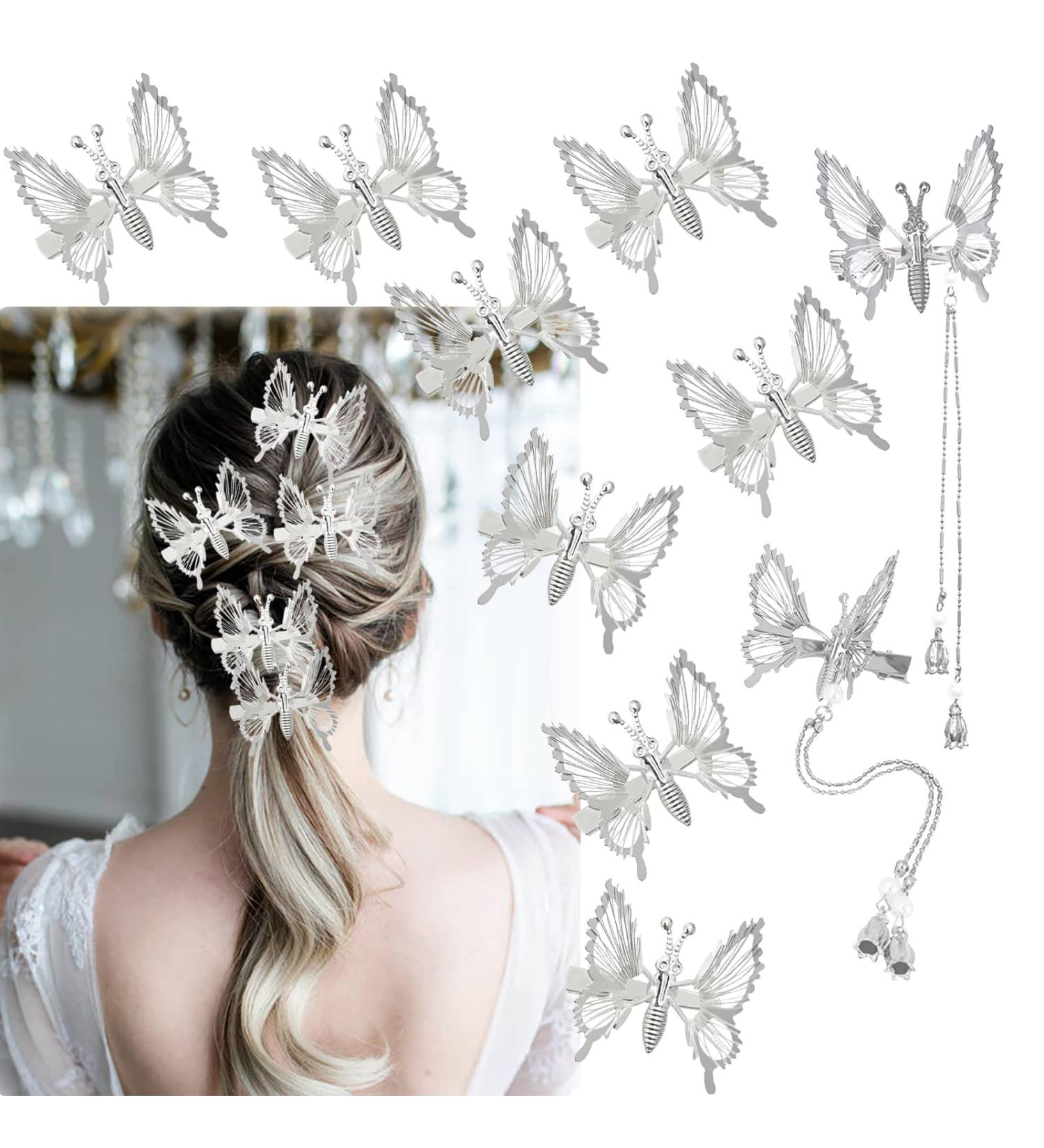 8 Pcs 3D Moving Butterfly Hair Clips & 2 Pcs Tassel Barrettes Set - Cute Fluttering Butterfly Hair Accessories for Women & Girls - Perfect for Bride, Wedding, 90s Styling - Silver - Buy Online on GoSupps.com