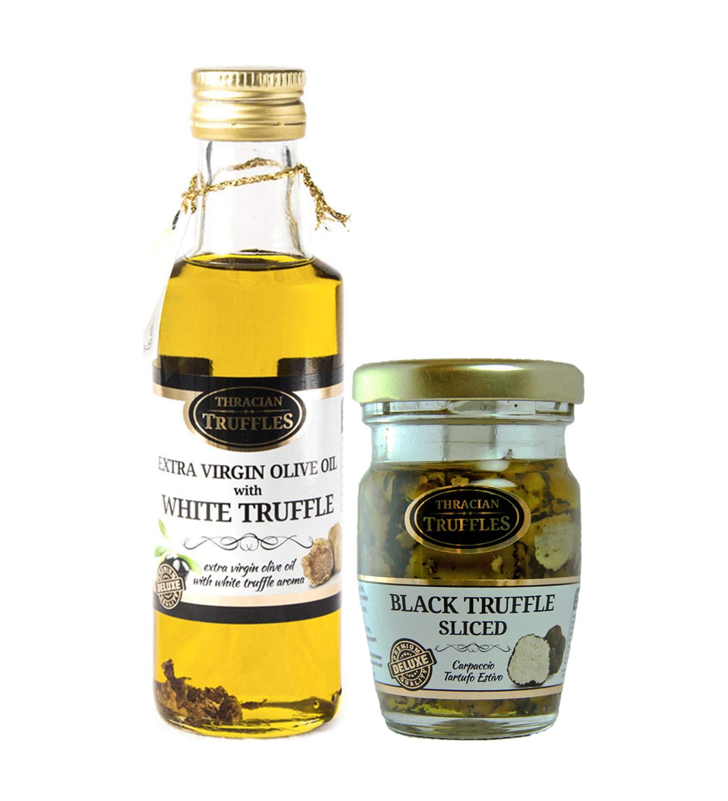 Buy Premium White Truffle Oil & Gourmet Black Summer Truffle | Extra Virgin Olive Oil with Real Truffle Pieces | 100ml & 60g Carpaccio Tartufo - International Shipping - Buy Online on GoSupps.com