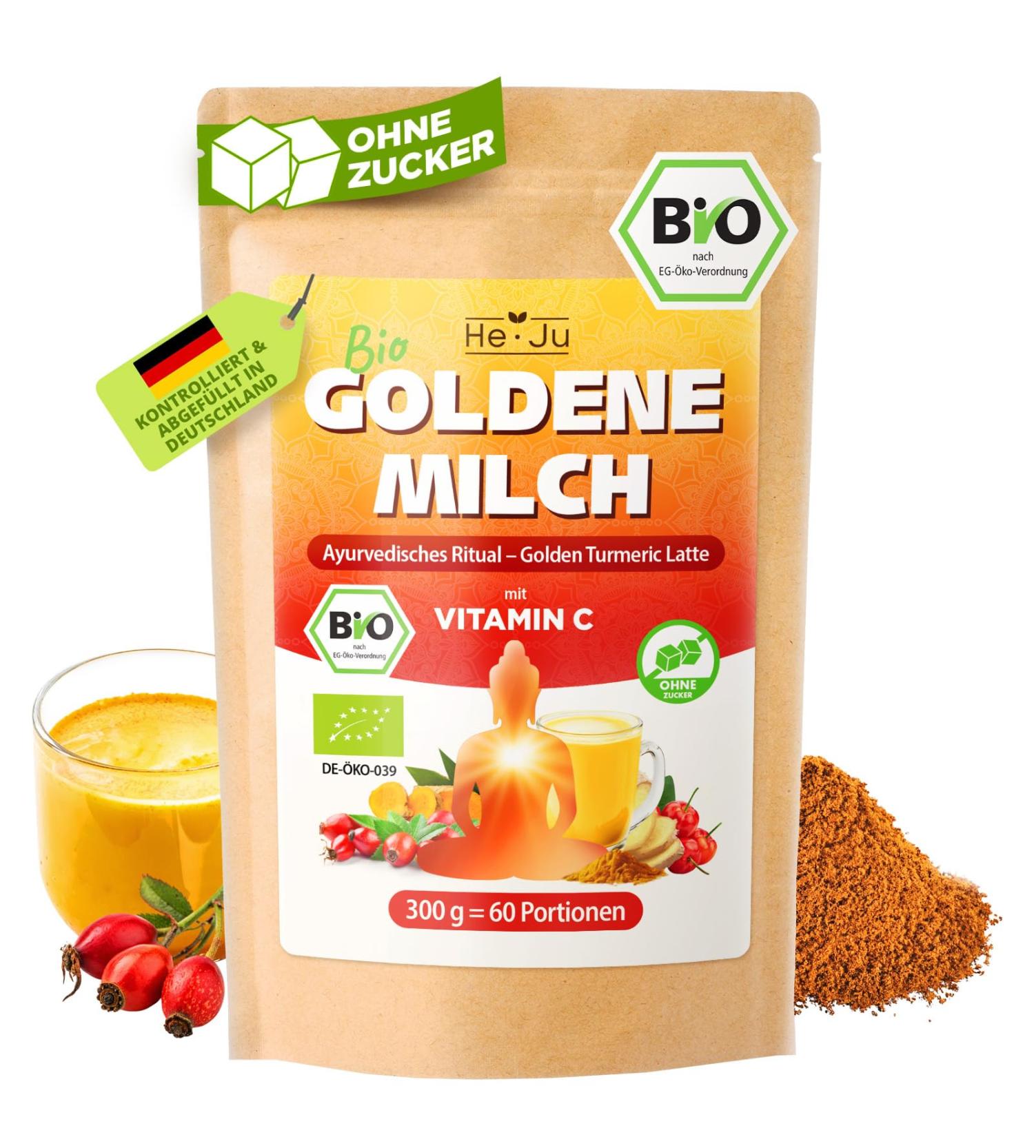  He-Ju He-Ju Organic Golden Milk Immungold 300g (60 servings) with vitamin C from acerola and rosehip sugar-free pepper-free strengthens the immune system Ayurvedic vegan and additive-free - Buy Online on GoSupps.com