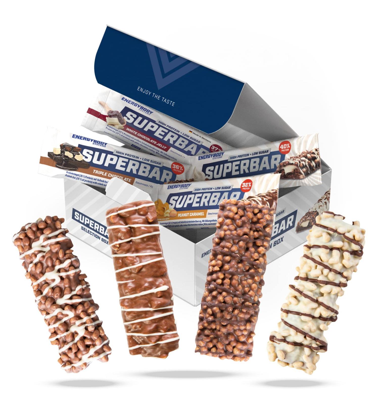 Energybody Superbar Mix Box - 12x50g High Protein Low Sugar Snack | Only 2g Sugar Per Bar | 4 Delicious Varieties - Order Internationally! - Buy Online on GoSupps.com