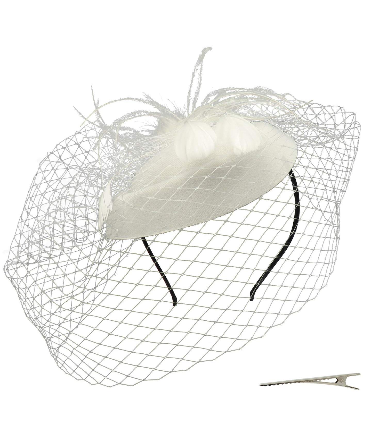 Umeepar Women's White Pillbox Fascinator Hat with Feathers & Veil - Perfect for Weddings & Tea Parties - Headband Clip One Size - Buy Online on GoSupps.com