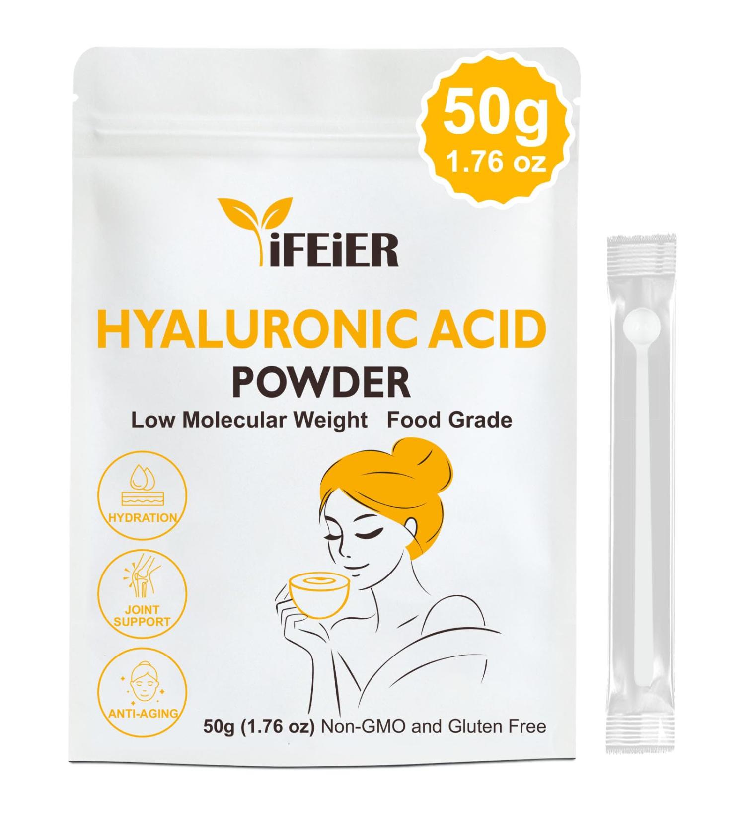 iFEiER Hyaluronic Acid Powder | Low Molecular Weight Food Grade Hyaluronic Acid | 50g(1.76oz) Sodium Hyaluronate Powder | HMW LMW HA | Skin Hydration and Joint Lubrication Supplements - Buy Online on GoSupps.com