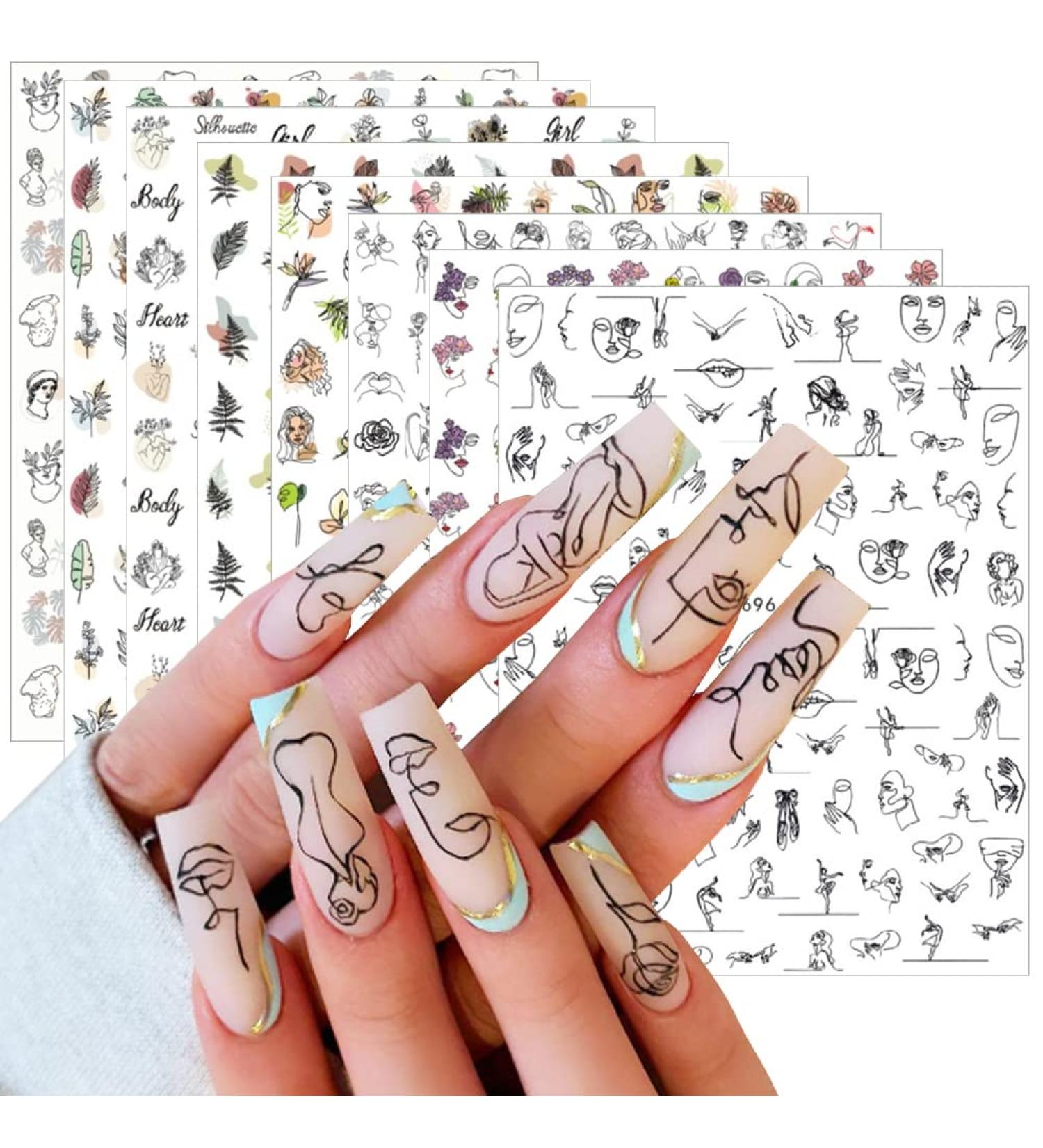 8 Sheets Abstract Face 3D Nail Art Stickers - Self-Adhesive Decals for DIY Manicure - Designer French Nail Stickers for Women and Girls - Buy Online on GoSupps.com