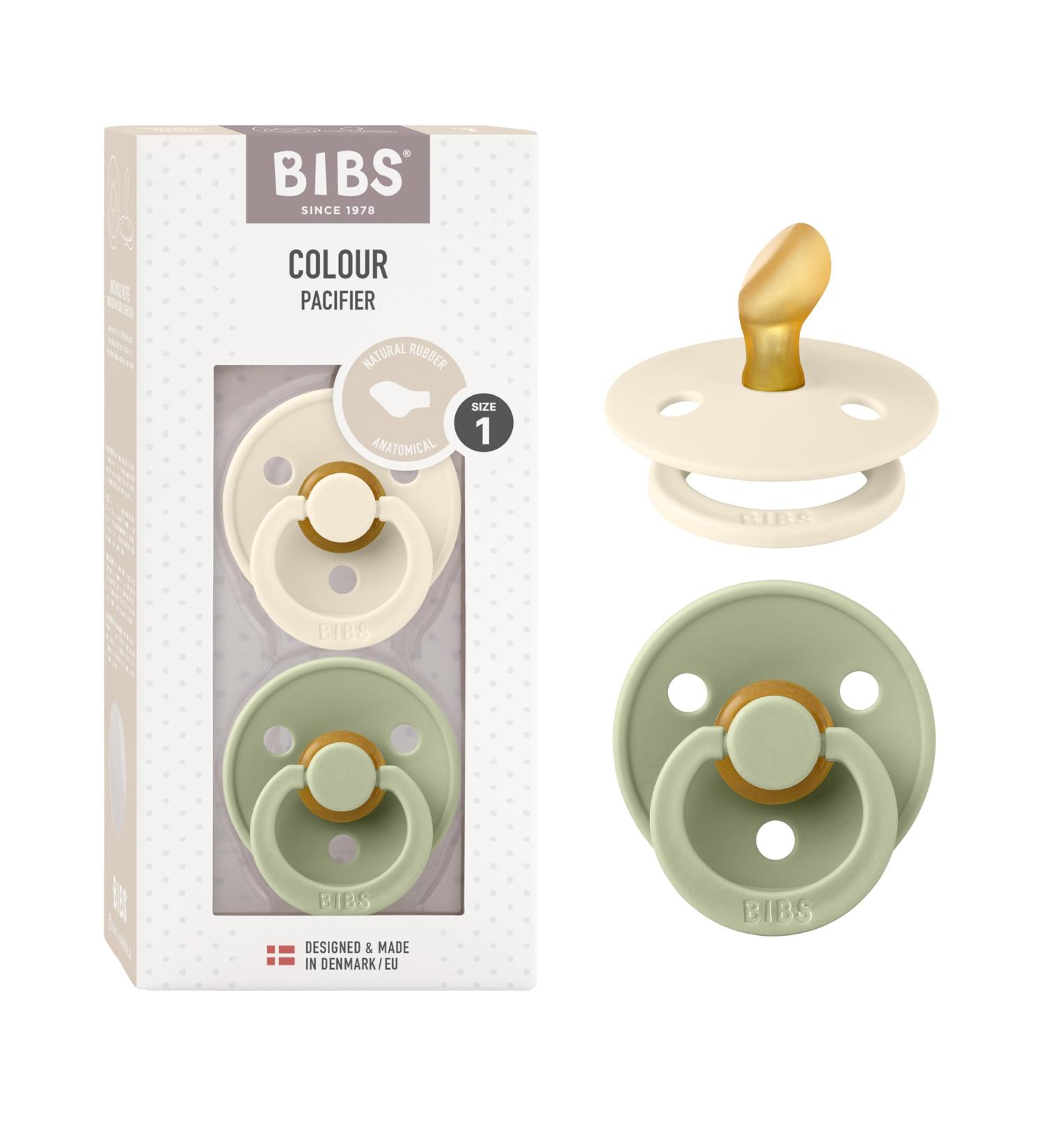 BIBS COLOUR Pacifier 2-Pack | BPA-Free Jaw-Friendly Natural Rubber | Ivory/Sage | 0-6 Months | Made in Denmark - Buy Online on GoSupps.com