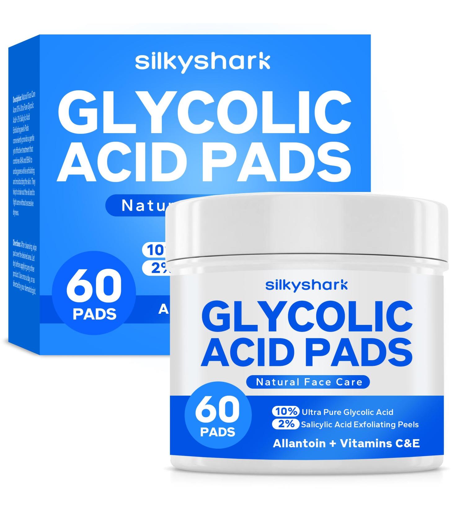SilkyShark Glycolic Acid Resurfacing Pads (60 Count) 10% Ultra Pure + 2% Salicylic Acid Exfoliating Peel Pads for Face Effective Chemical Peel Radiant Skin Renewal - Buy Online on GoSupps.com