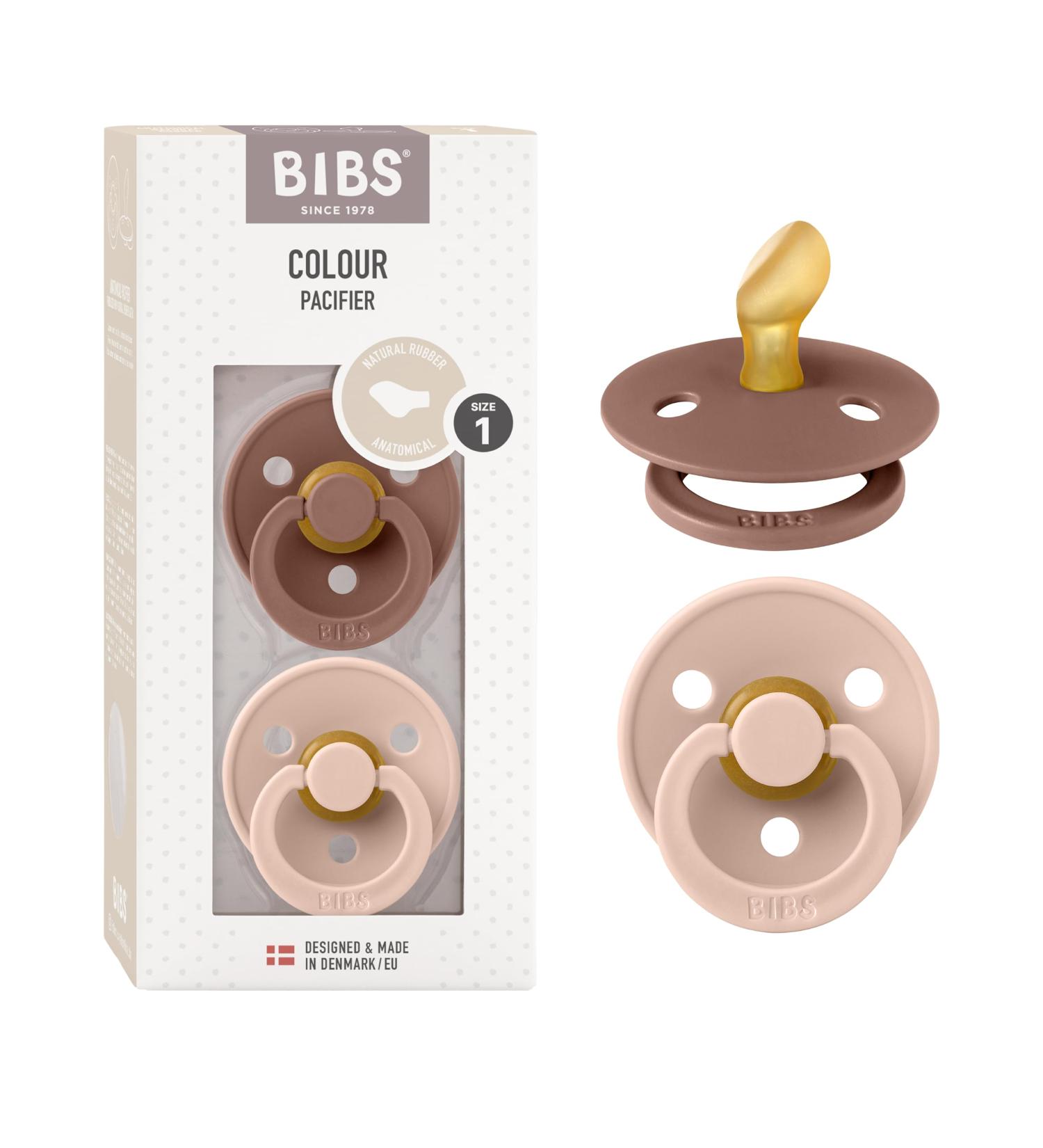 BIBS COLOUR 2-Pack BPA-Free Pacifiers | Natural Rubber Latex | Jaw-Friendly | 0-6 Months | Made in Denmark - Woodchuck/Blush - Buy Online on GoSupps.com