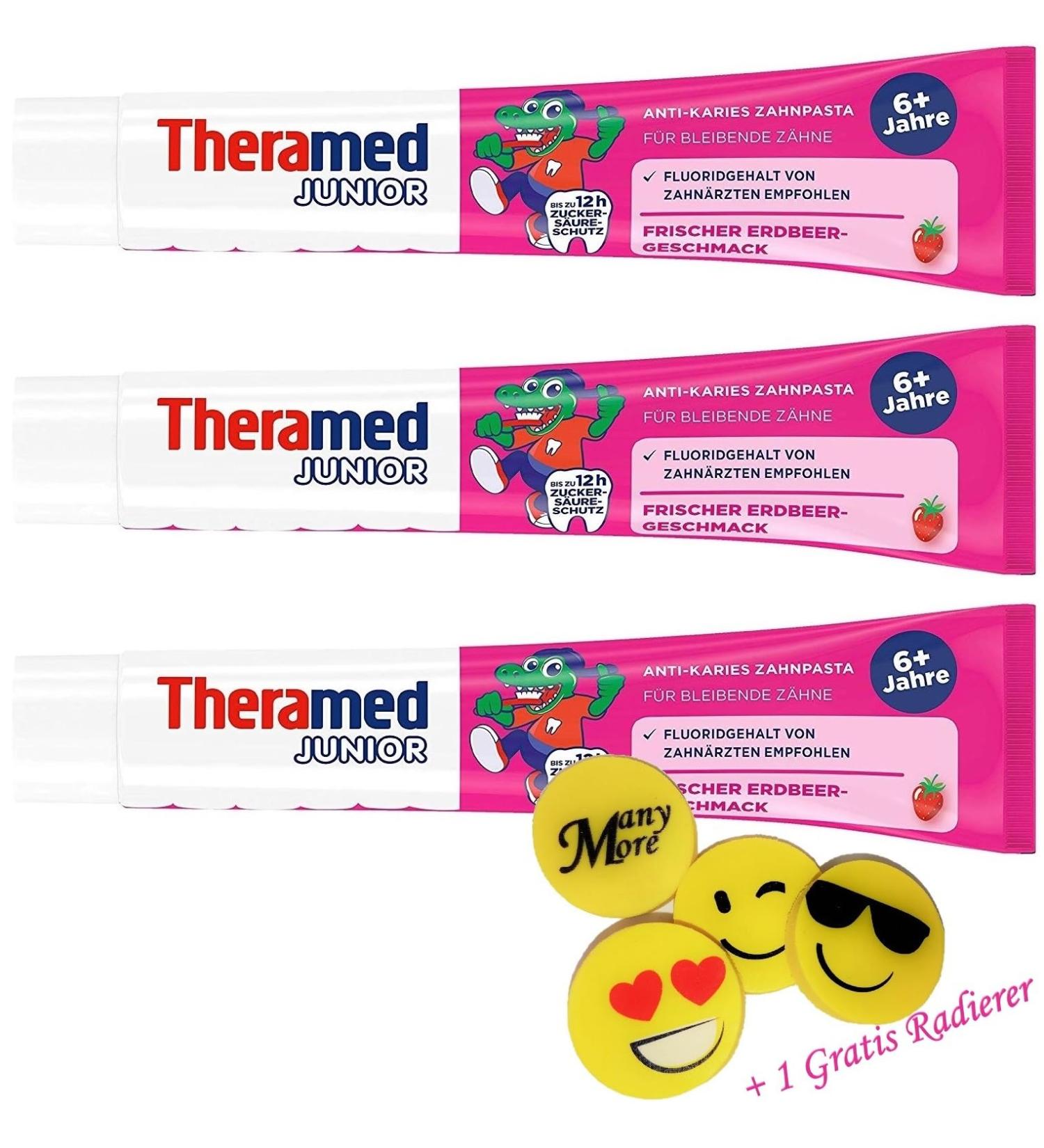 3 x 75 ml Theramed junior strawberry toothpaste (from 6+) Ange mint & menthol toothpaste children's toothpaste + 1 free etcher from manymore*