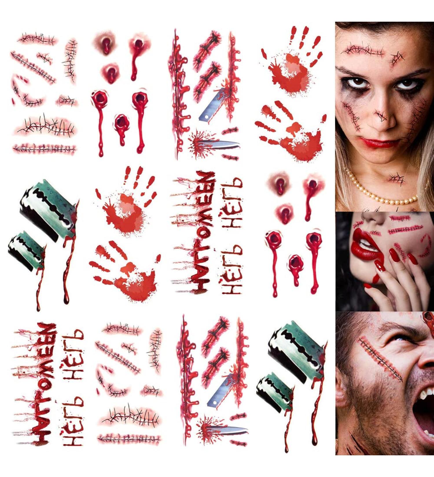 Halloween Zombie Scar Tattoo Sticker 12 Sheets - Waterproof Realistic Fake Wound Tattoos for Halloween Makeup & Cosplay - Buy Online on GoSupps.com