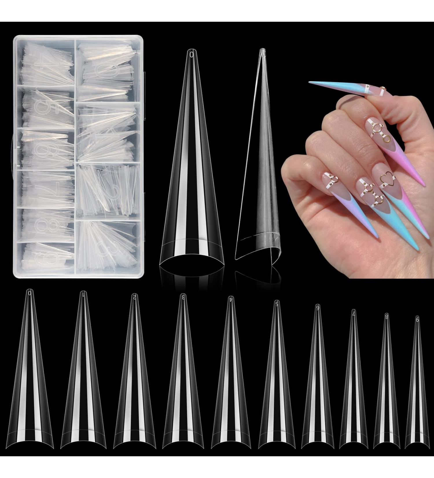 500PCS XL Stiletto Nail Tips | Clear False Nails for Acrylic | Half Cover Tapered Square Tips for Nail Extension | 10 Sizes | DIY Nail Art - Buy Online on GoSupps.com