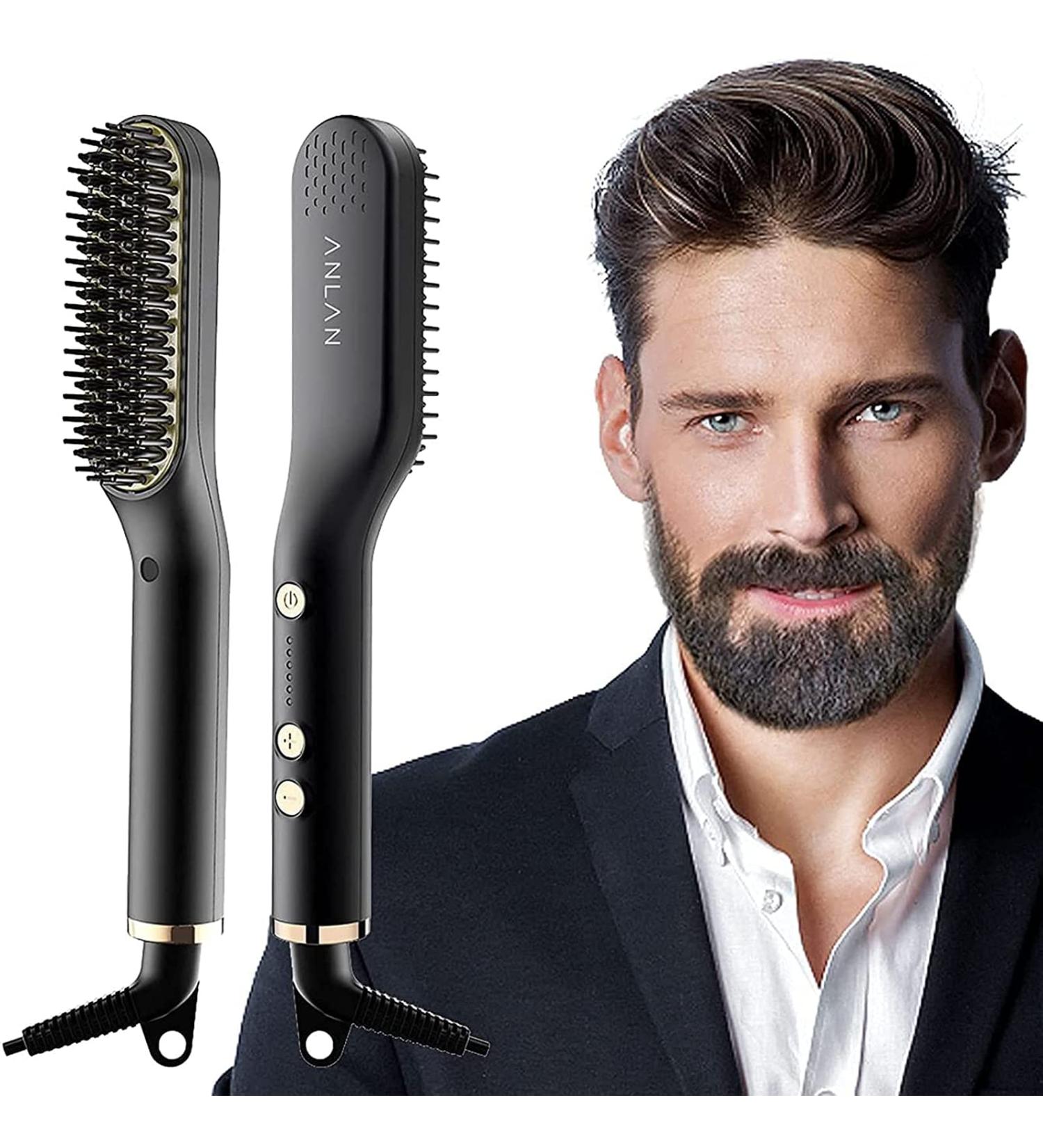 2-in-1 Hair & Beard Straightener Brush for Men - Ionic Fast Heating Adjustable Temp (120-200 ) - Perfect for Black Hair & Beard Styling - Buy Online on GoSupps.com