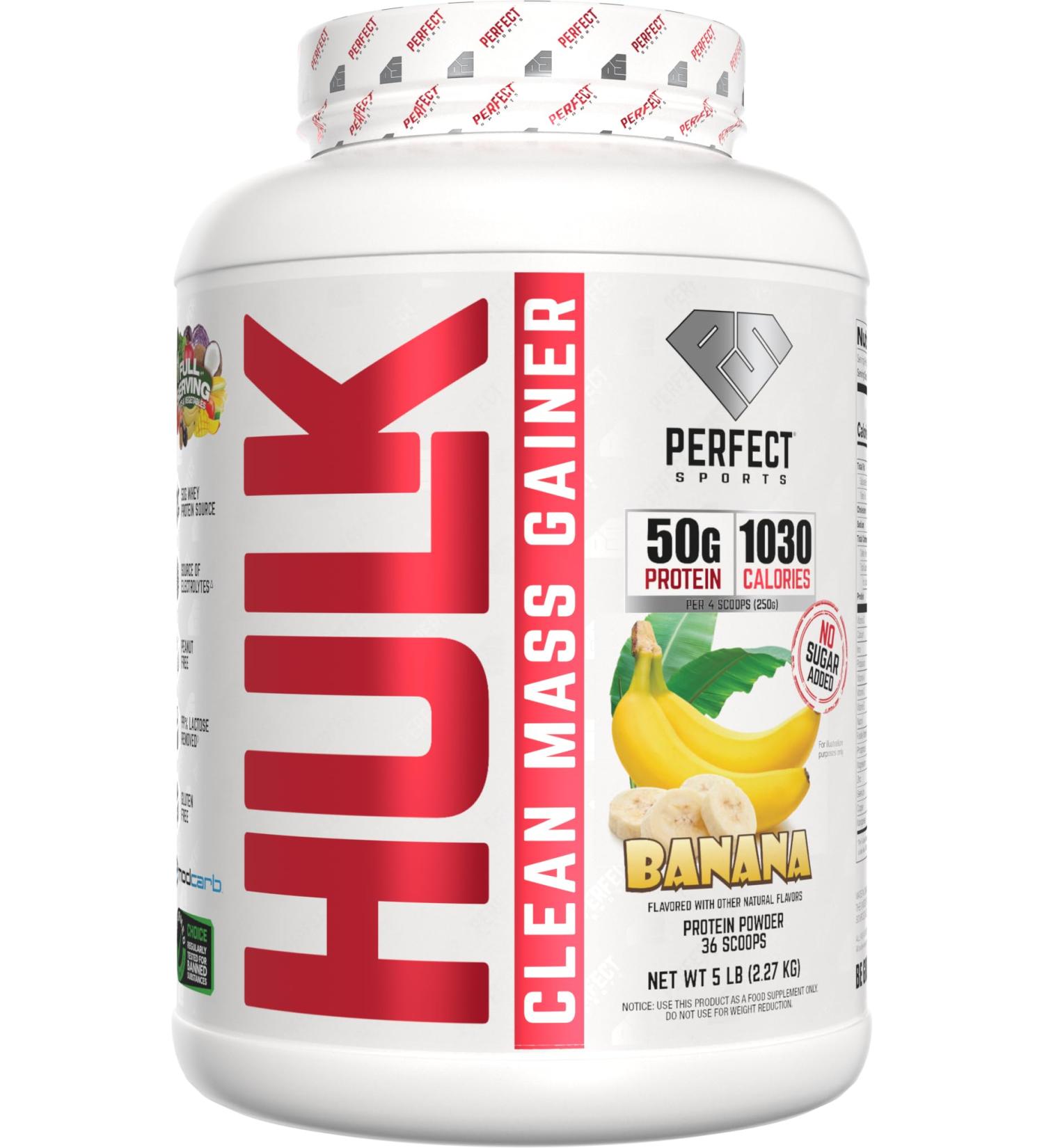 PERFECT SPORTS Hulk Clean Mass Gainer | 50g Whey Protein | Full Serving of Fruits & Veggies | 99% Removed Lactose & Gluten Free | 5 Pounds (Banana)