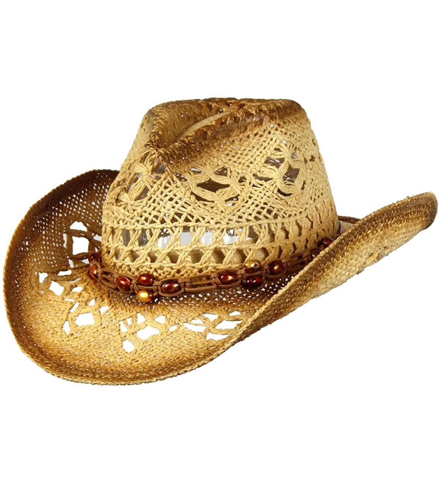 Western Style Tea Stain Toyo Straw Cowboy/Cowgirl Hat with Beads - Brown - Buy Online on GoSupps.com